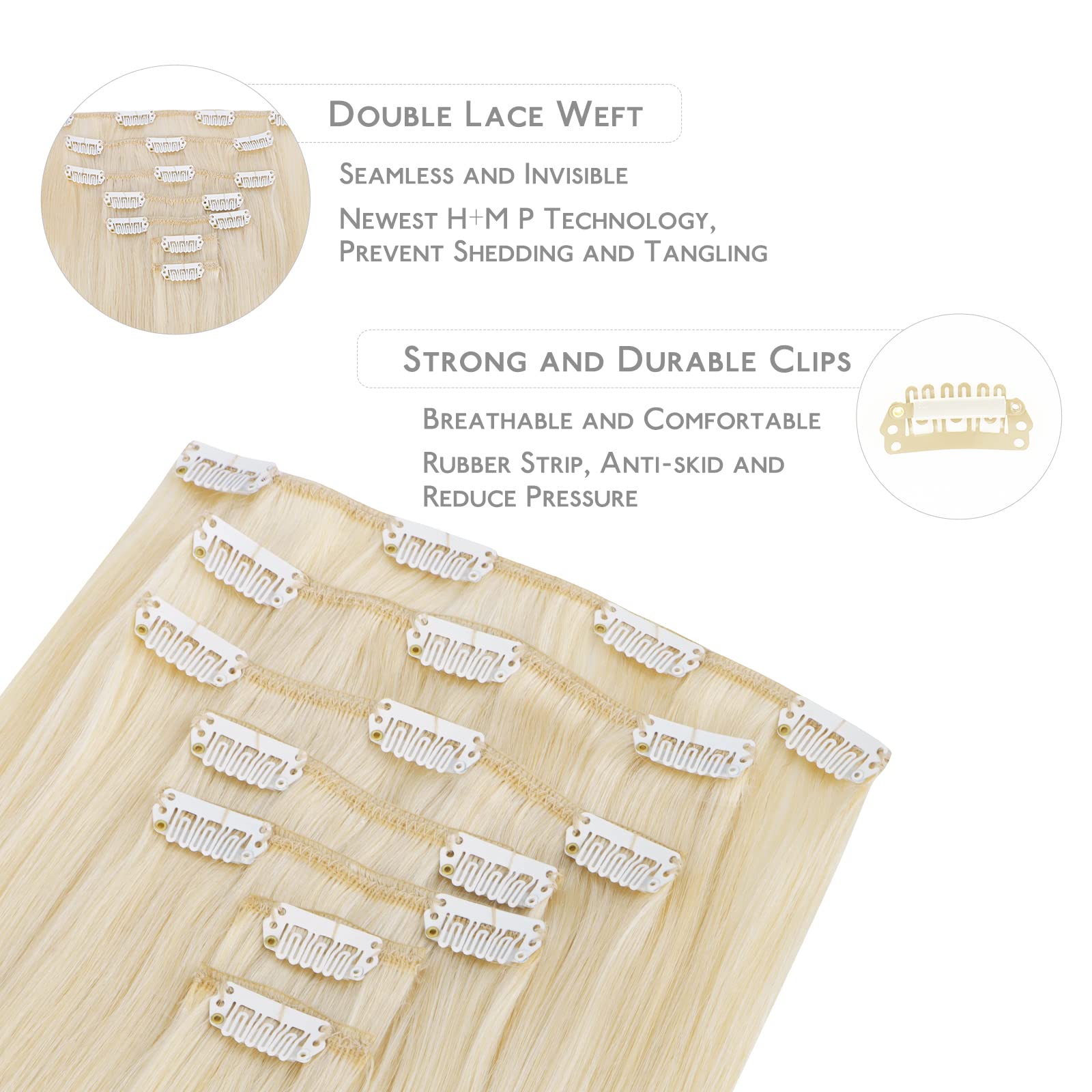 Wennalife Clip In Hair Extensions Real Human Hair, 22 Inch 120G 7Pcs Platinum Blonde Hair Extensions Clip In Human Hair Remy Cli