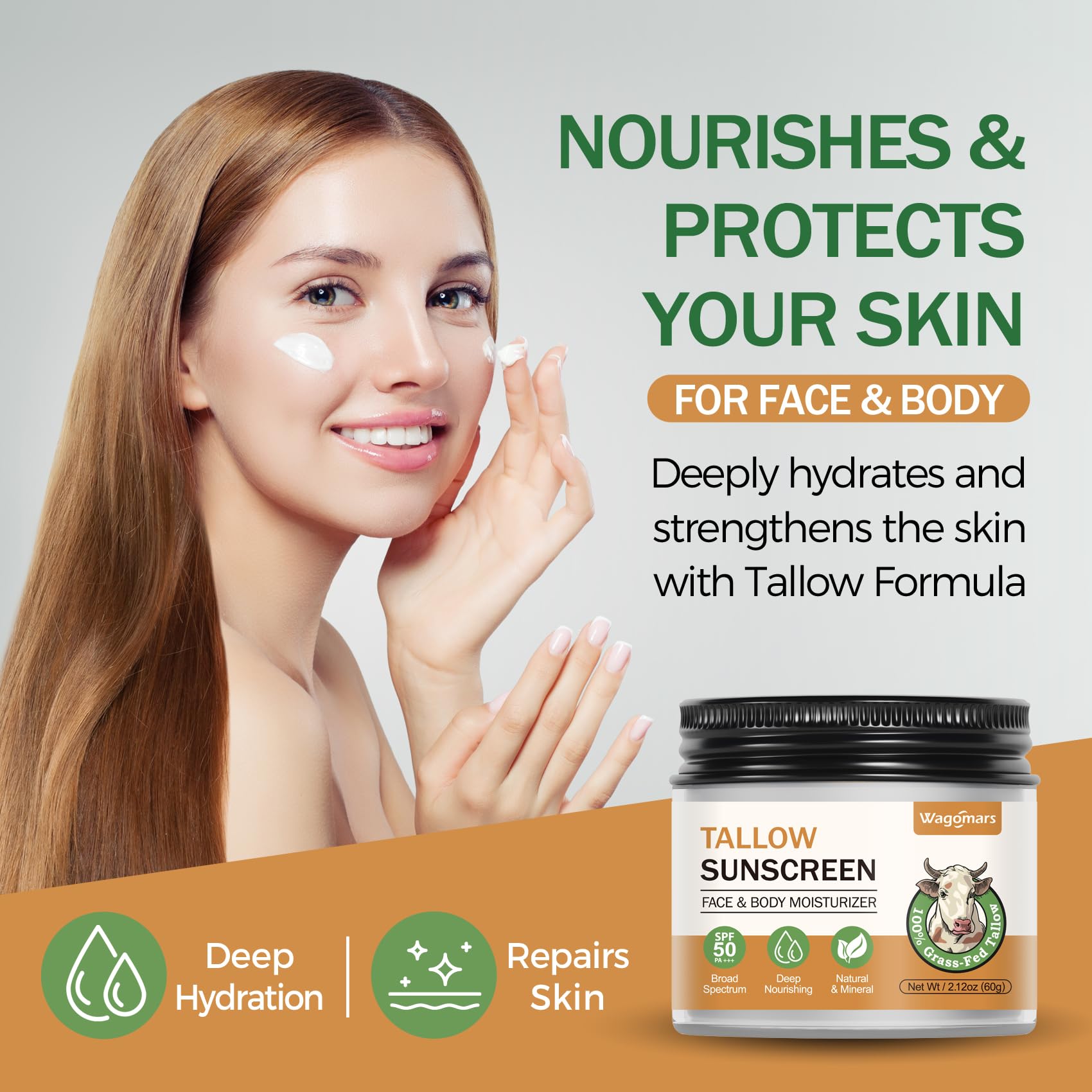 Wagomars Beef Tallow Sunscreen SPF 50 - Organic Mineral Sunscreen with Zinc Oxide - Non-Toxic Natural Sunblock for Face & Body -