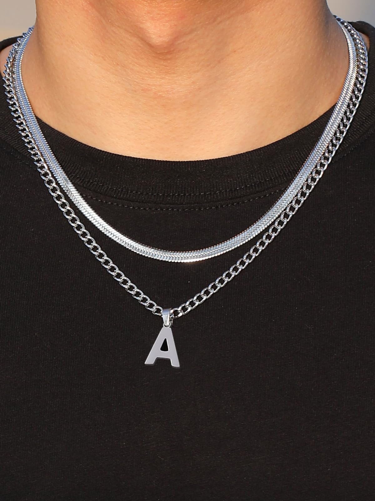 P.BLAKE Layered Initial F Pendant Necklace for Men, Stainless Steel Letter Cuban Link Herringbone Chain Jewelry Collar Cadenas P