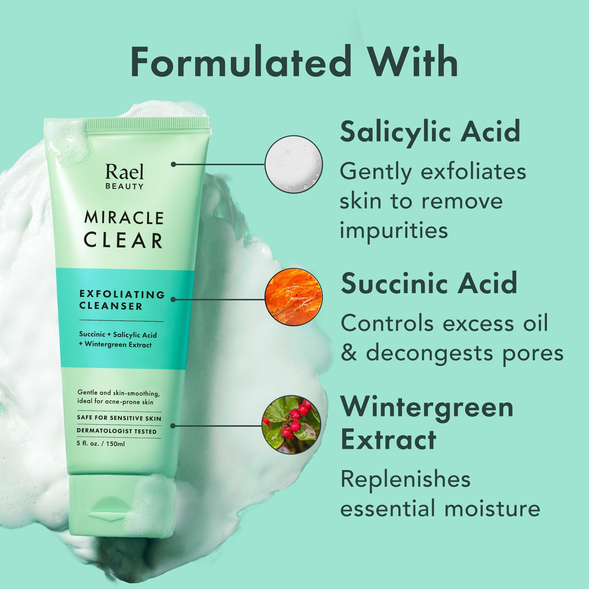 Rael Face Wash, Miracle Clear Exfoliating Cleanser - Face Cleanser For Oily & Acne Prone Skin, Korean Skin Care, Facial Foaming