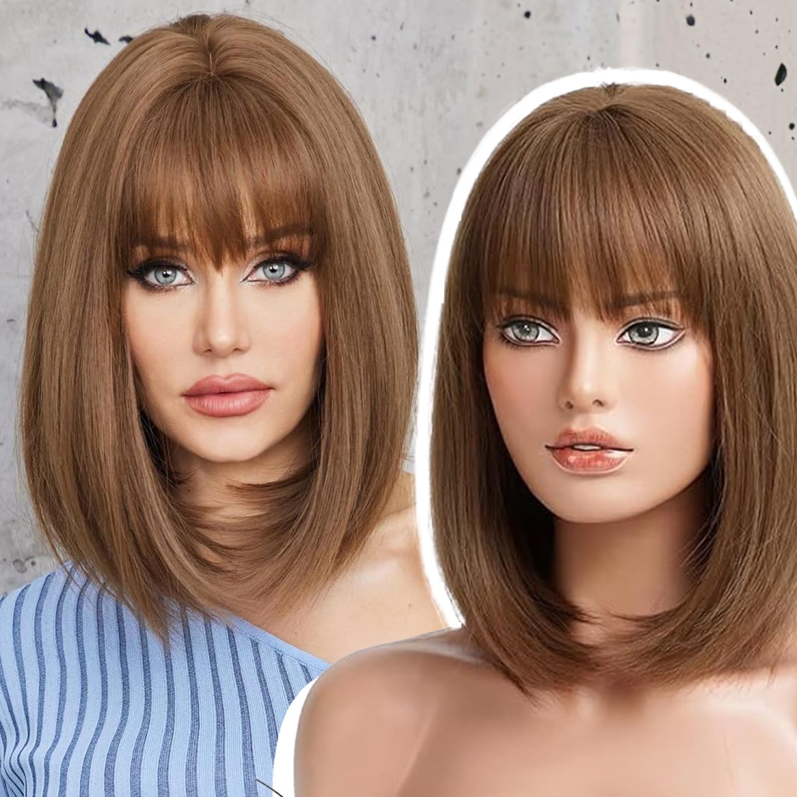 EMMOR Brown Bob Wig with Bangs 15'' Short Bob Wigs for Women Heat Resistant Synthetic Wig Natural Looking for Daily Use(Honey Br