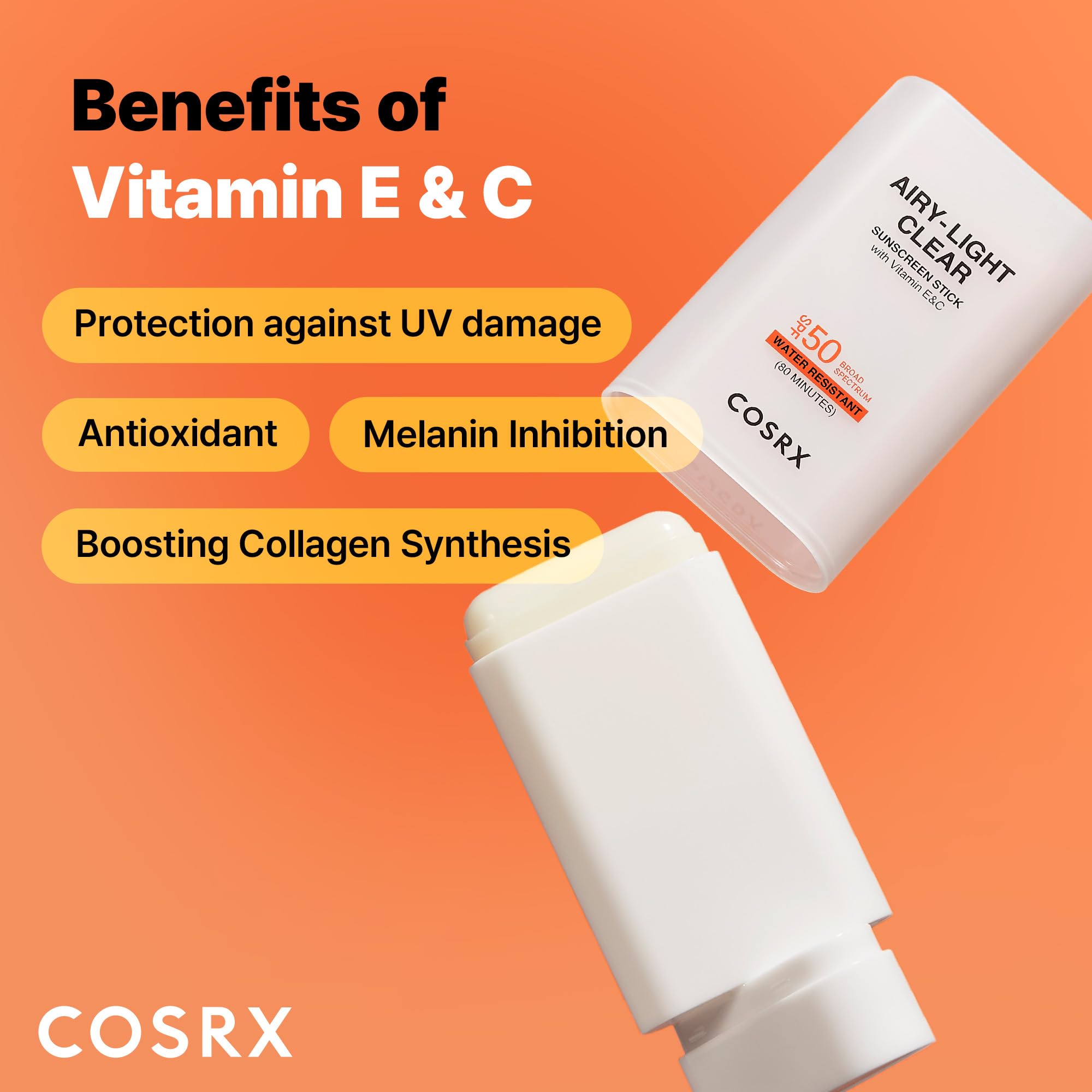 COSRX Airy-Light Clear Sunscreen Stick with Vitamin E & C SPF 50, 0.67 oz, 19g, Lightweight, Travel Essentials, Summer Essential