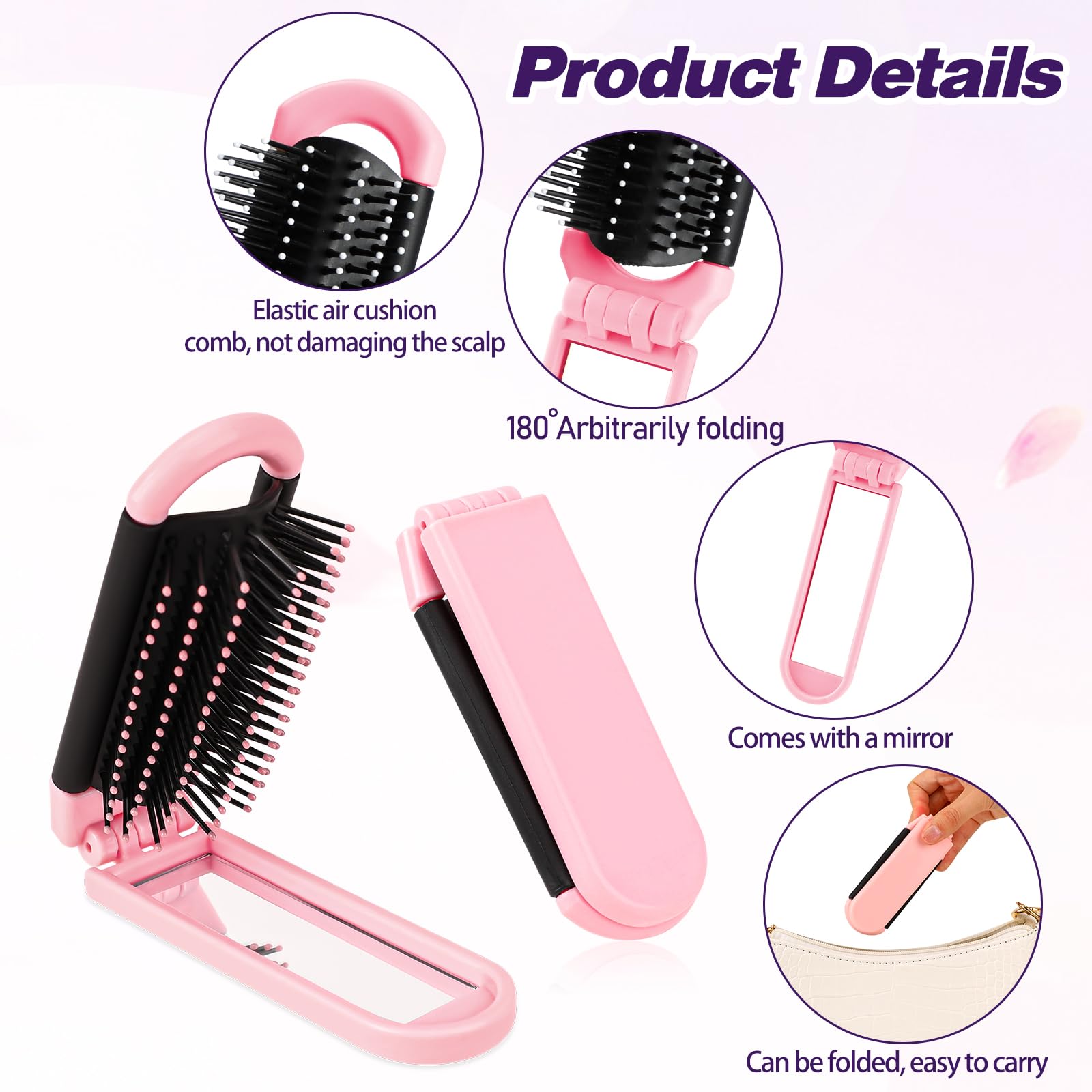Travel Folding Brush With Mirror By 1 Pack - Collapsible Pocket-Size Massage Comb For Styling, Gym, Trips, Purse, Swimming (Pink