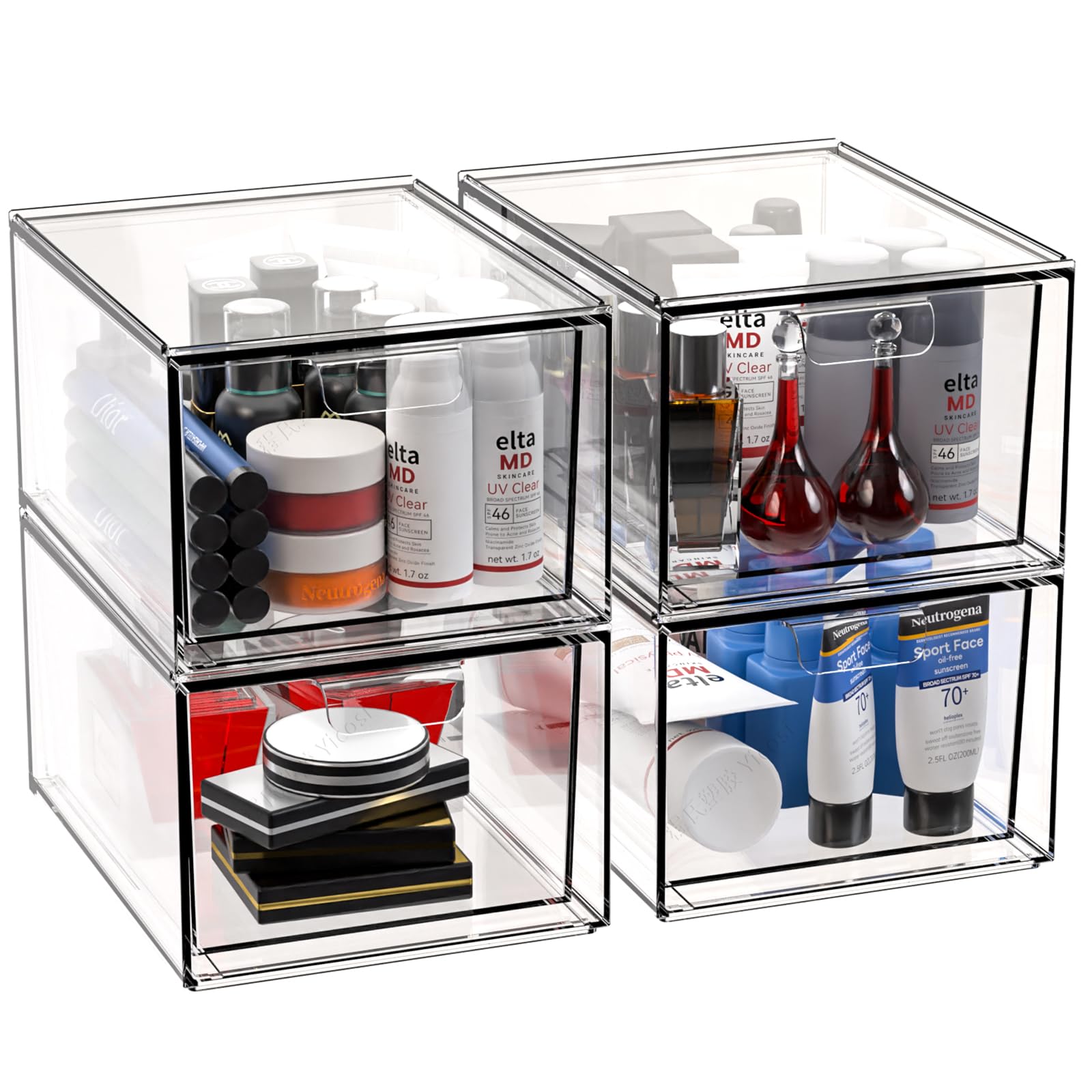 4 Pack Stackable Storage Drawers,4.5'' Tall Acrylic Bathroom Makeup Organizer,Plastic Storage Bins With Handles For Vanity,Home