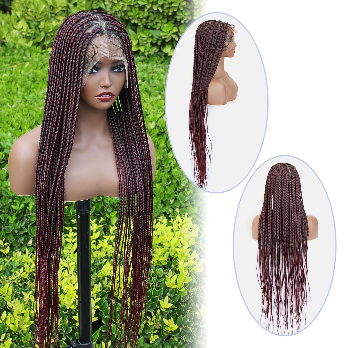 KRALER 36 inch Knotless Box Braided Wigs for African American Women, Ombre Burgundy Box Braids Triangle Embroidery Full Double L