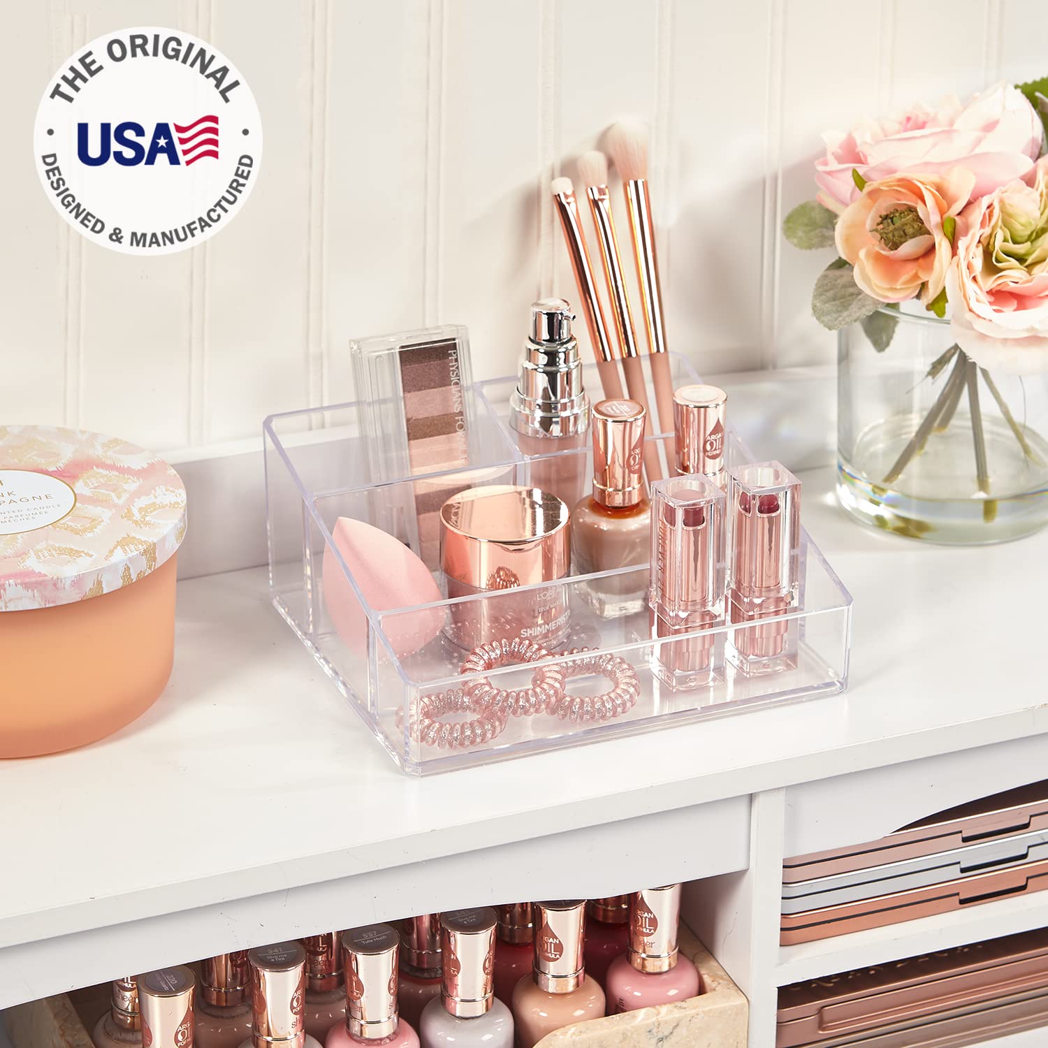 Stori Clear Plastic Vanity Makeup Organizer  Compact Rectangular 4-Compartment Holder For Brushes, Eyeshadow Palettes, & Beauty