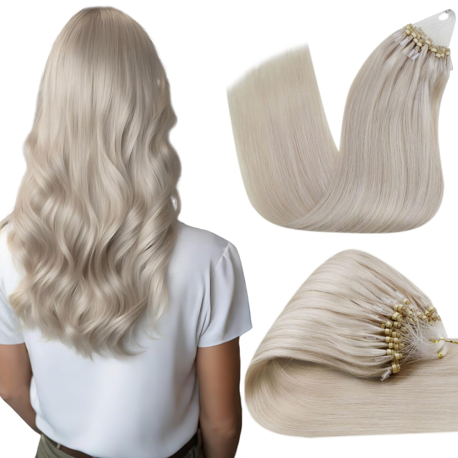 Hetto Micro Link Hair Extensions Human Hair Platinum Blonde Microloop Hair Extensions Real Human Hair Straight Micro Bead Hair E