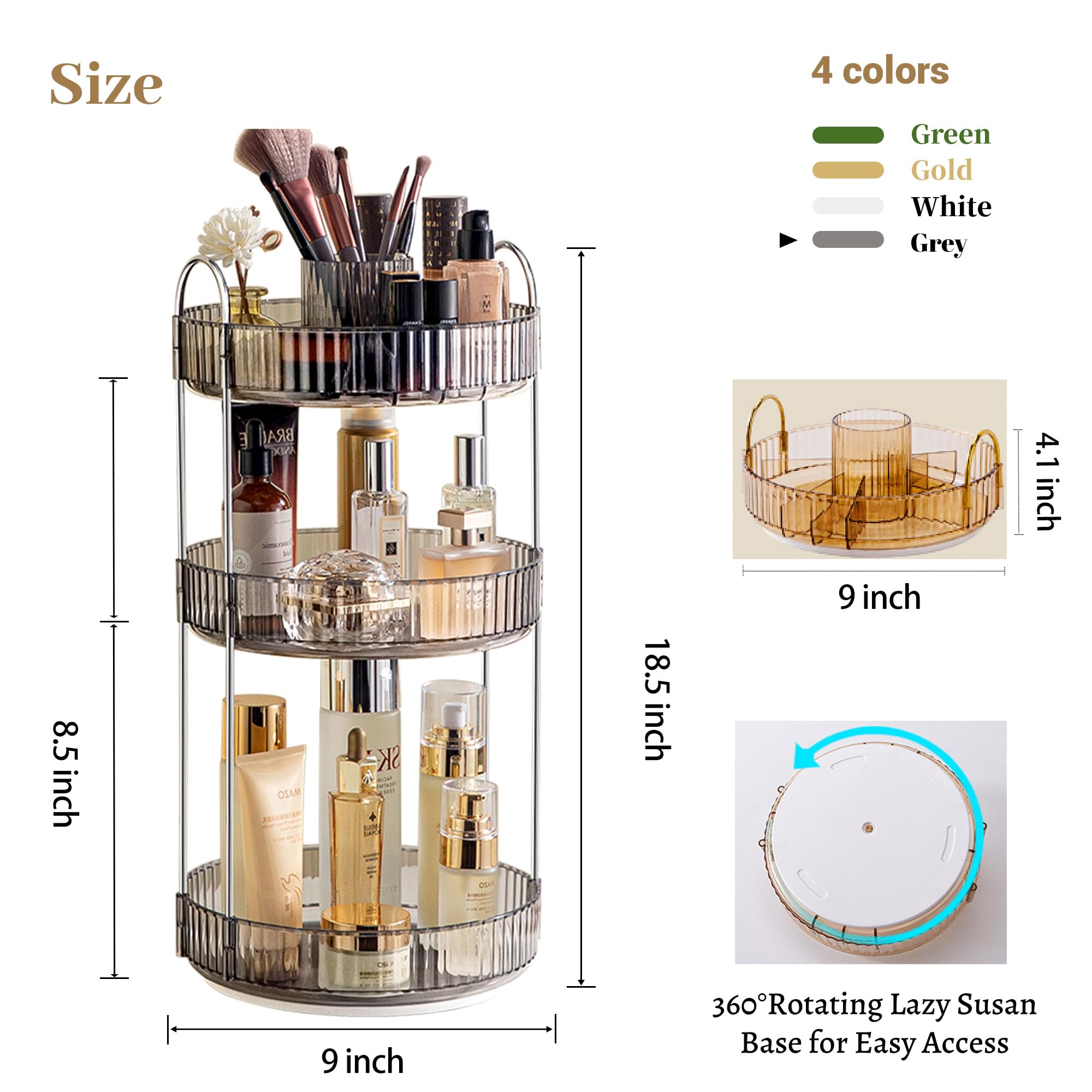 Aveniee 360 Rotating Makeup Organizer For Vanity, Upagraded Perfume Skincare Bathroom Counter Organizers With Brush Divider, 3 T