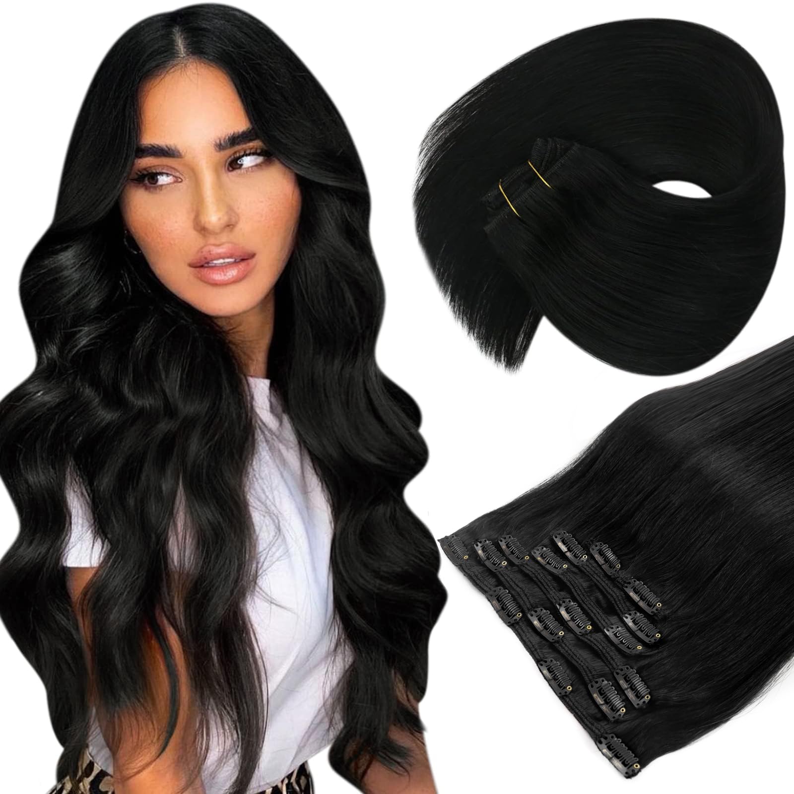 Sunny Long Hair Extensions Clip in Black Clip in Hair Extensions Human Hair Jet Black Real Hair Clip in Extensions Remy Clip-in 