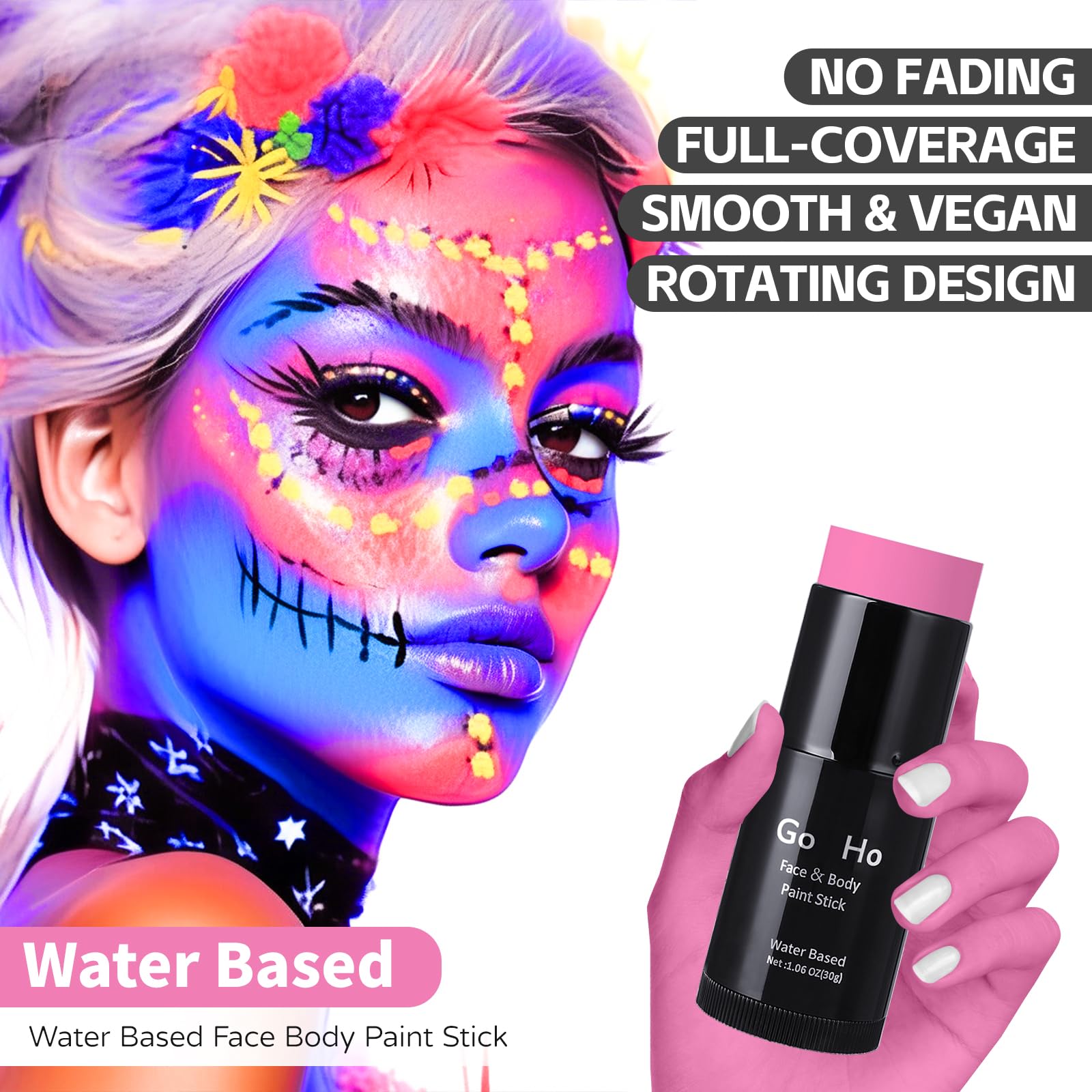 Go Ho Hot Pink Face Body Paint Stick,Water Based Washable Hot Pink Face Paint Stick,Non-Toxic Full-Coverage Cream Pink Body Pain
