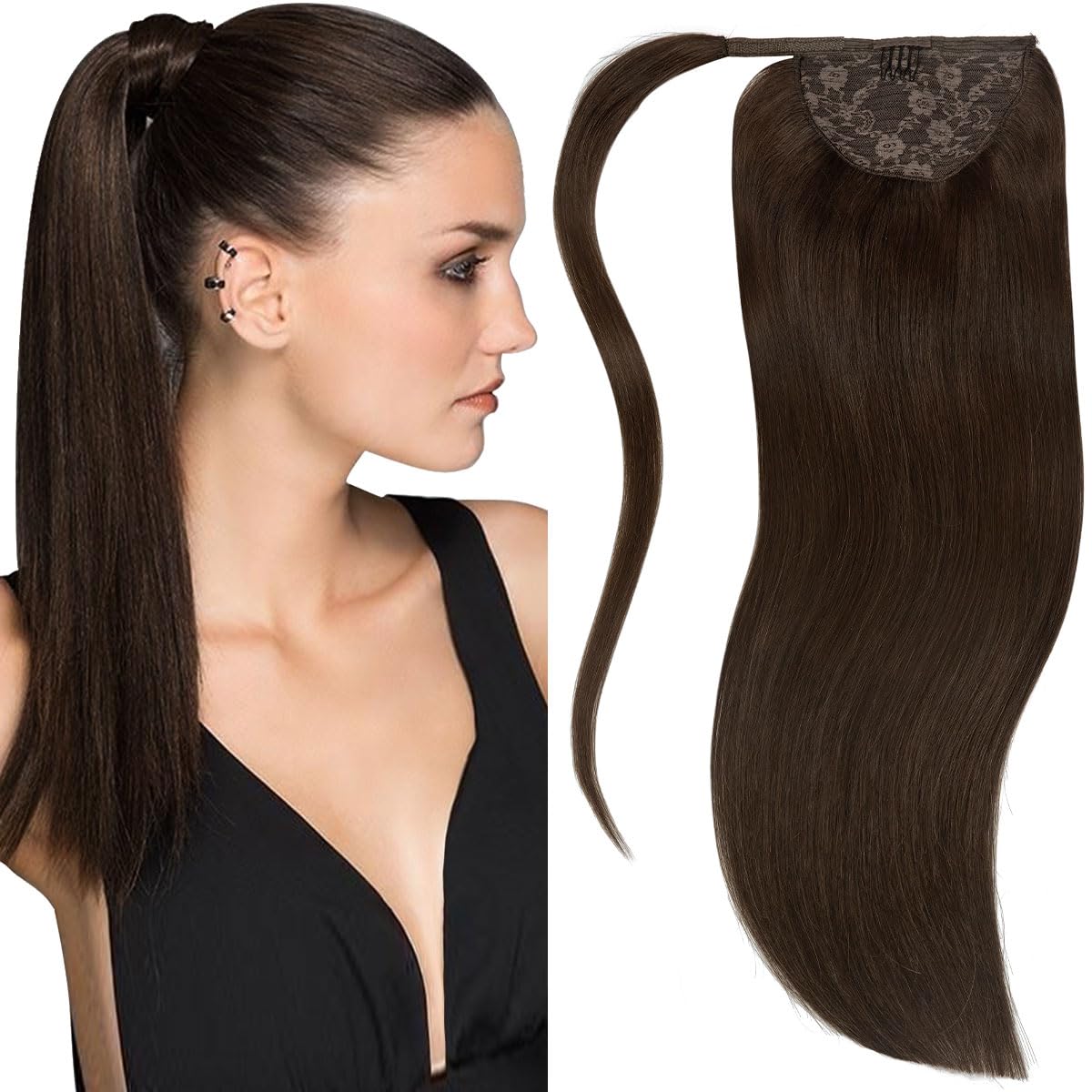 Lacer Warm Dark Brown Ponytail Extension Wrap Around Human Hair with Magic Paste 22 Inch Long Ponytail Extension Human Hair Silk