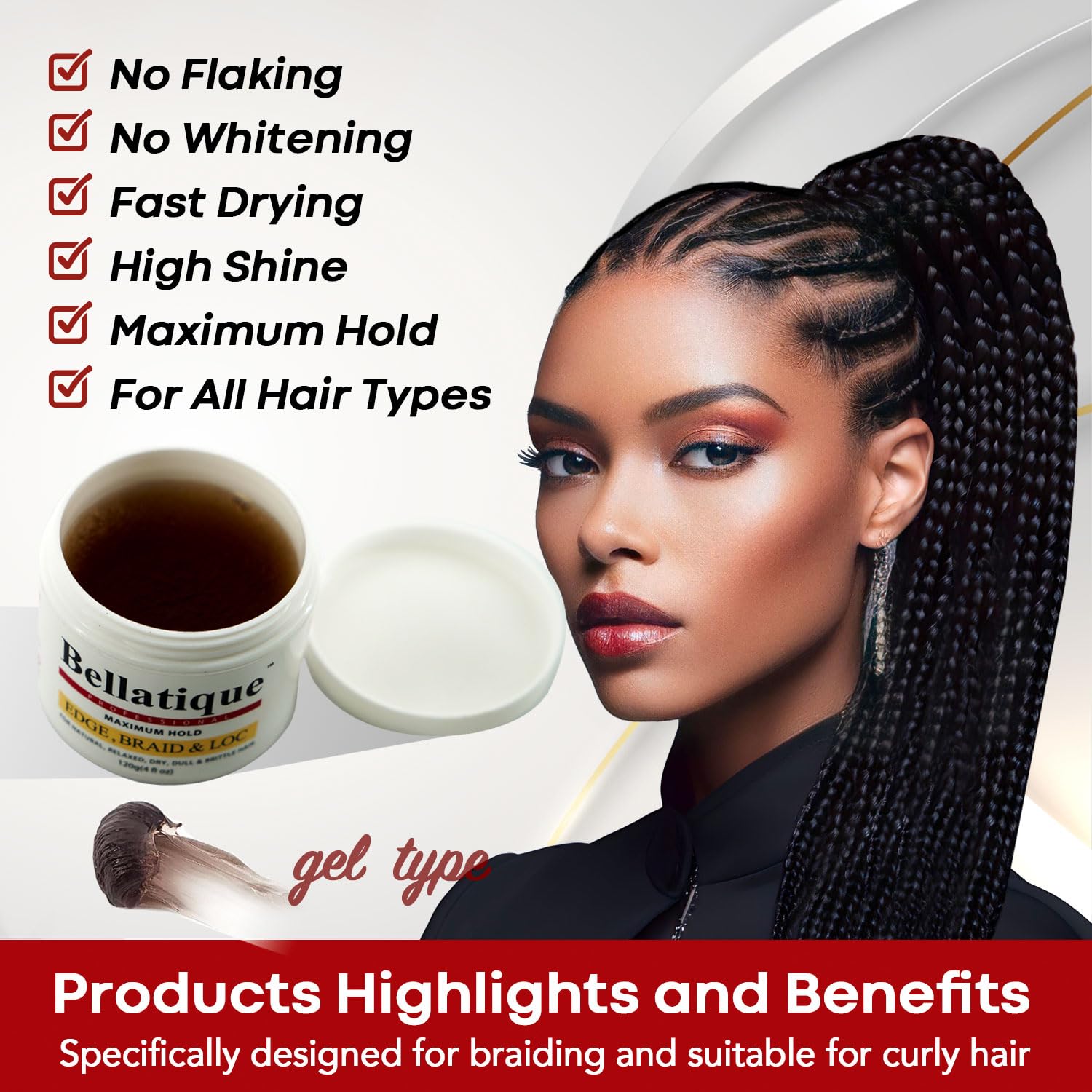BELLATIQUE Edge Control & Braiding Gel, Maximum Hold, Fast Drying, 1 Fl Oz