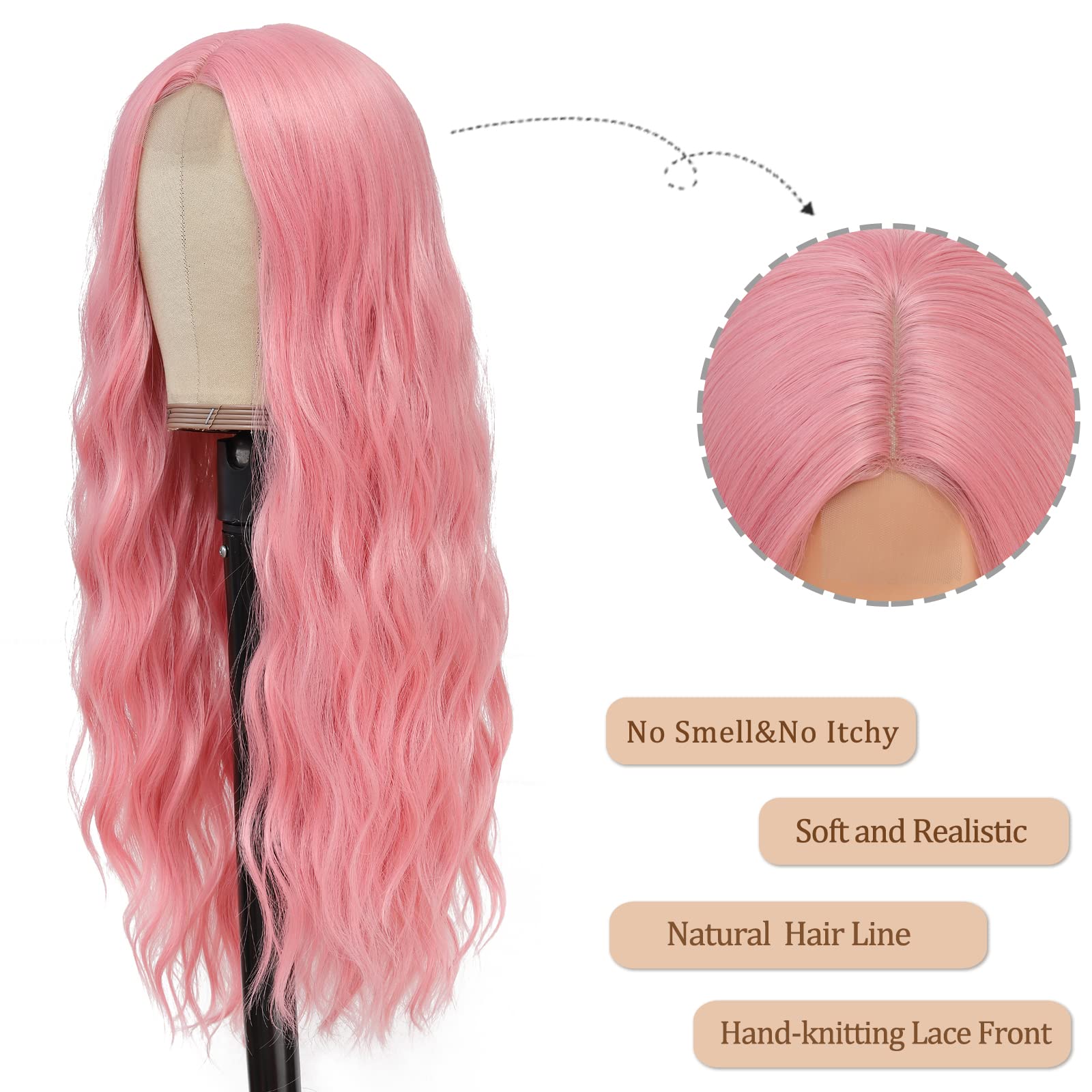 Ybymcai Pink Wig - Long Pink Wavy Wigs For Women Middle Part Pastel Pink Wig 26 Inch Natural Curly Synthetic Wig Heat Resistant