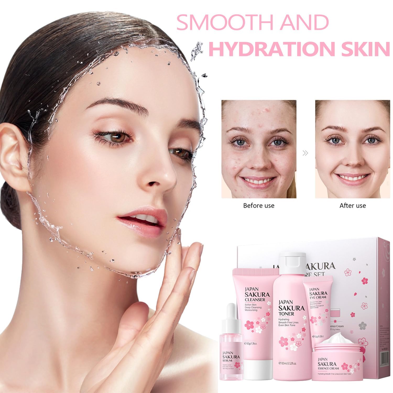Skin Care Sets for Teenage Girls JAPAN SAKURA Women Beauty Gift Sets Skincare Kit with Cleanser, Toner, Serum, Eye Cream, Face C