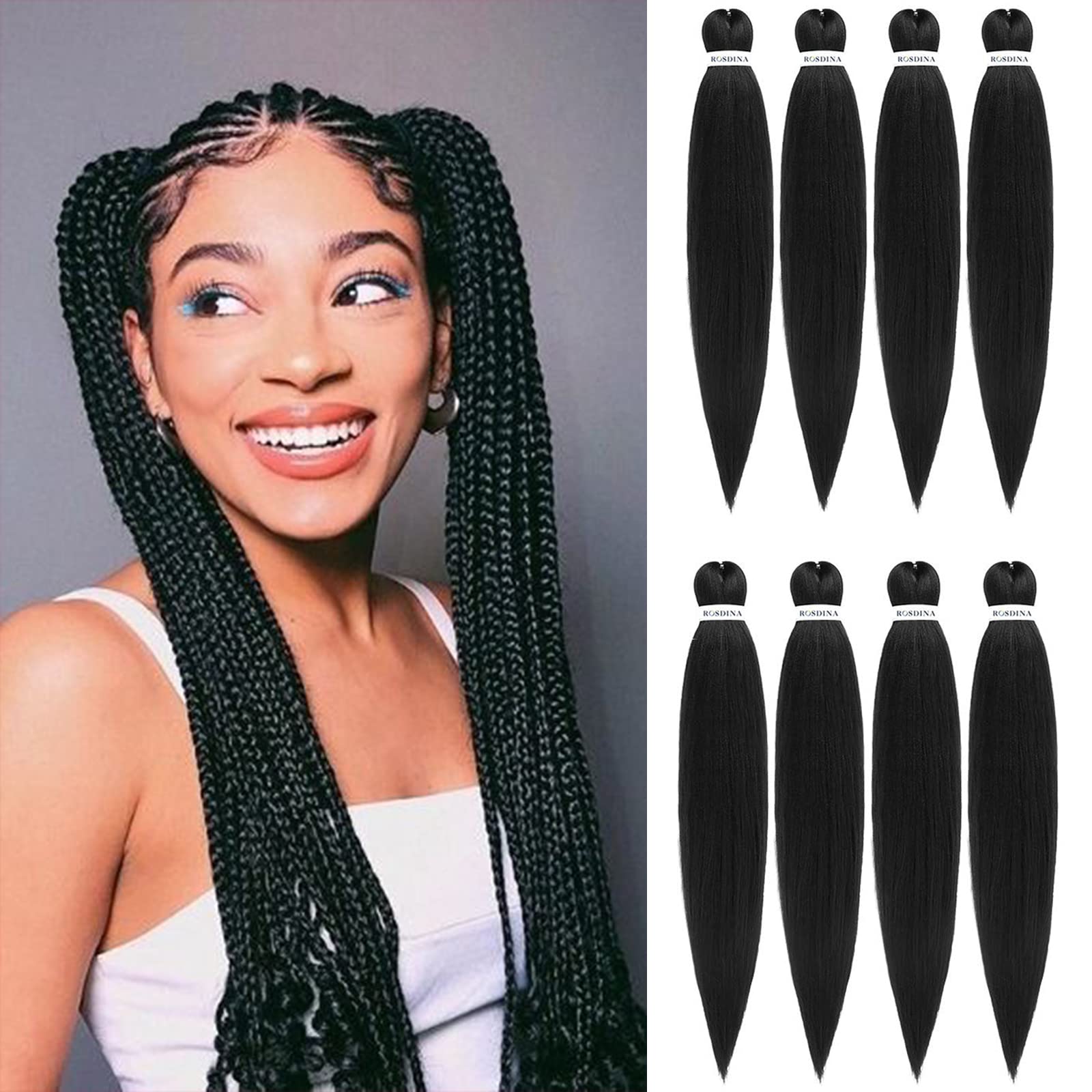 Rosdina Pre-Stretched Braiding Hair - 36 Inch 8 Packs Natural Black Super Long Braiding Hair For Twist Or Box Braids, Yaki Textu