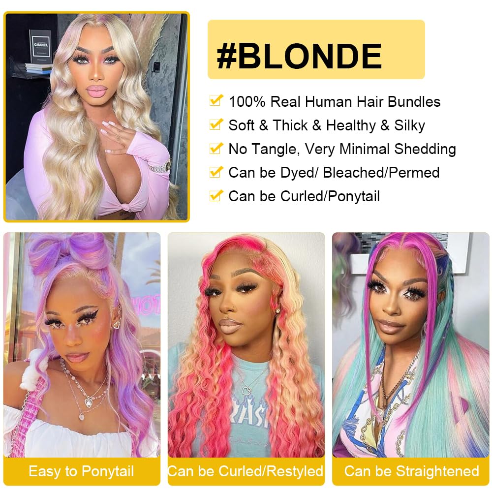 Qthair 613 Blonde Hair Bundles 8'' 10'' 12'' 300G 14A Grade Brazilian Virgin Body Wave Human Hair 3 Bundles 100% Unprocessed Vir