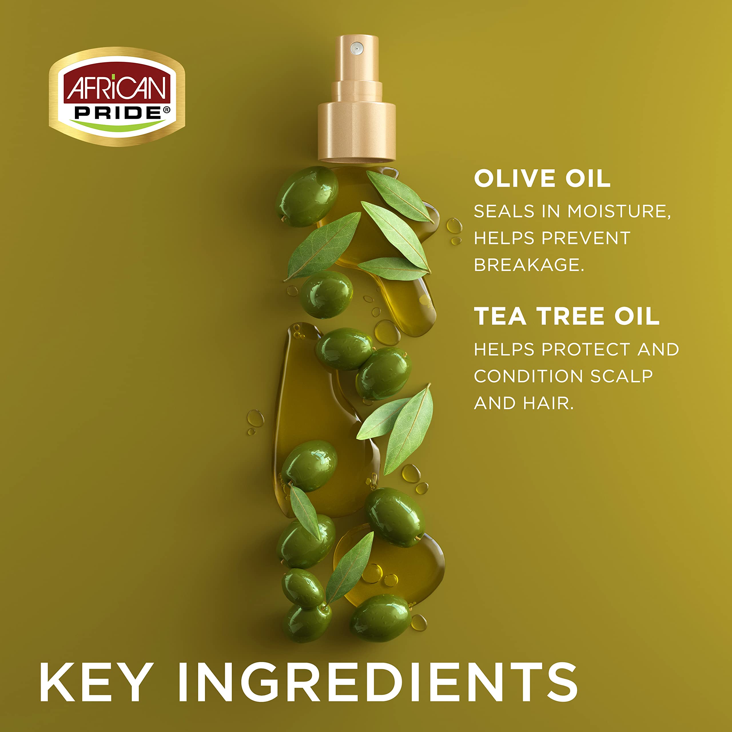 African Pride Olive Miracle Braid Sheen Spray (3 Pack) with tea tree oil and olive oil to protect and moisturize scalp and hair.