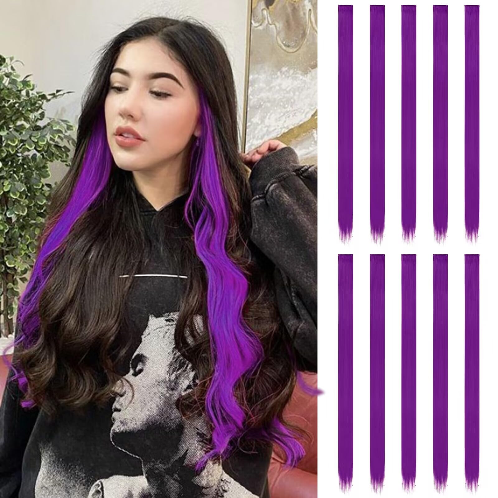 Feshfen Colorfulhair Extensions, Dark Purple Clip In Hair Extensions 10 Pcs Highlight Colored Straight Synthetic Clip In Hairpie