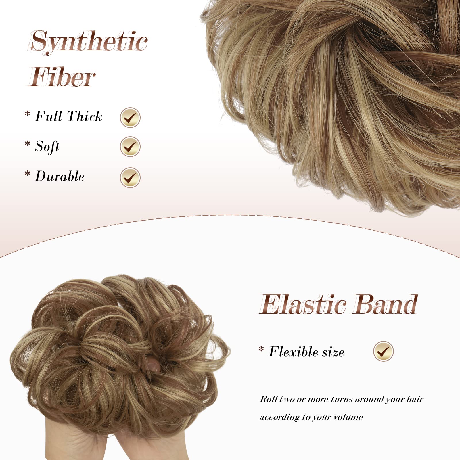 Feshfen Messy Bun Hair Piece, Messy Hair Bun Scrunchies For Women Brown And Blonde Synthetic Wavy Curly Chignon Ponytail Hair Ex
