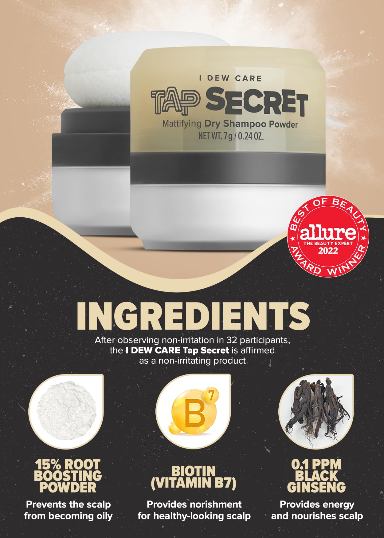 I Dew Care Dry Shampoo - Tap Secret Trio Gift Set, With Black Ginseng, Non-Aerosol, Benzene-Free,Powder, Fuller Looking Hair, No