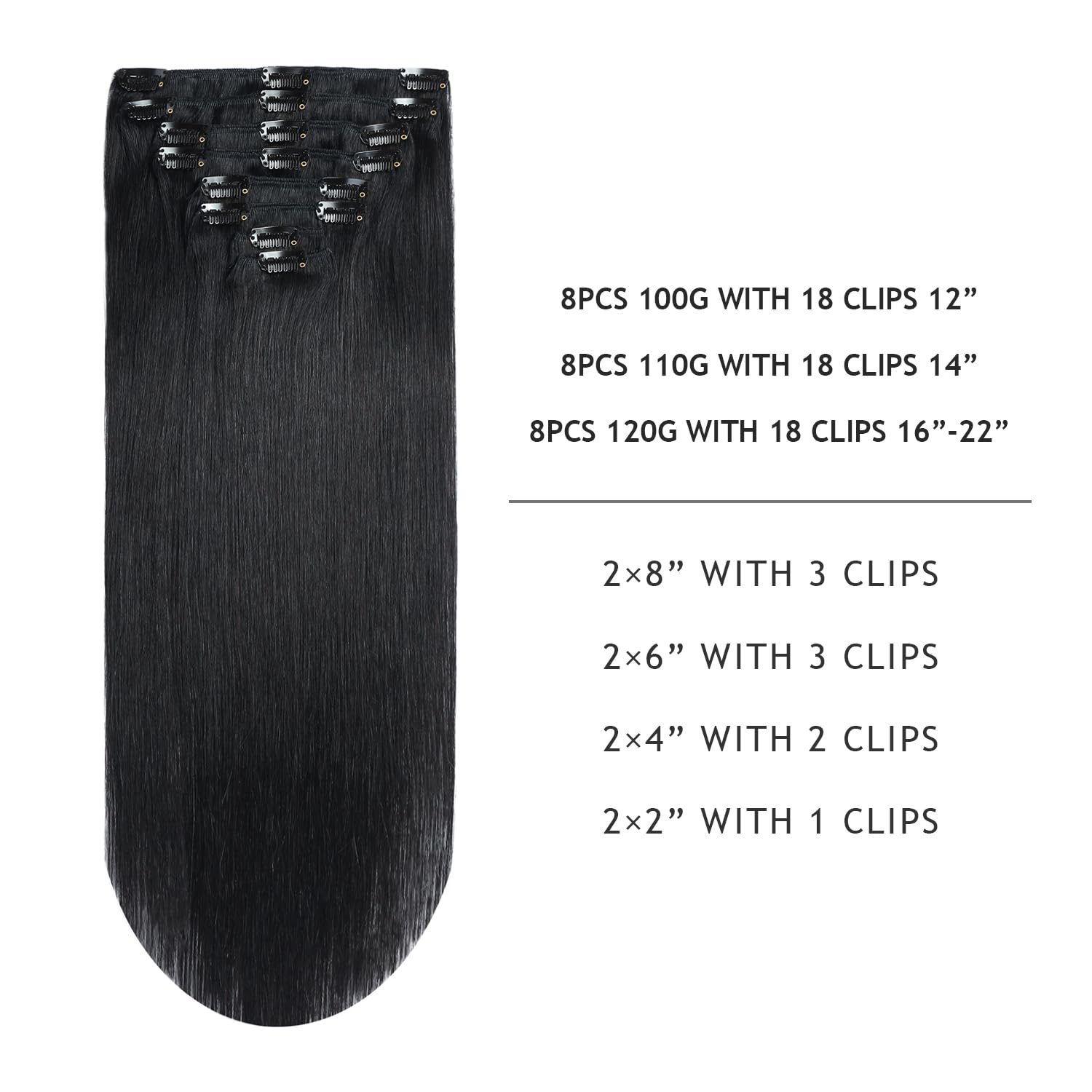 YILITE Jet Black Clip in Hair Extensions Real Human Hair 8Pcs 120Gram/Pack Silky Double Weft Straight Human Hair Extensios Clip