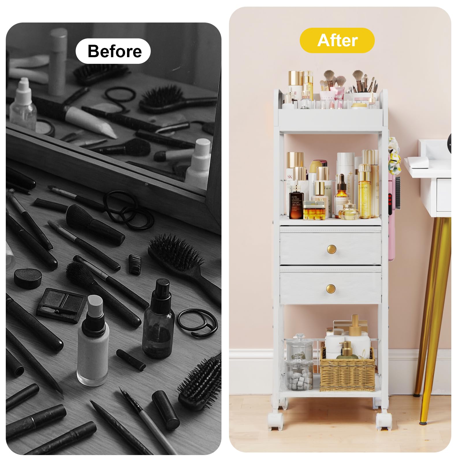 DongRong Floor Makeup Organizer with Lockable Wheels & 8 Dividers, 2-Drawer Rolling Skincare Cart for Cosmetics/Perfume/Nail Pol