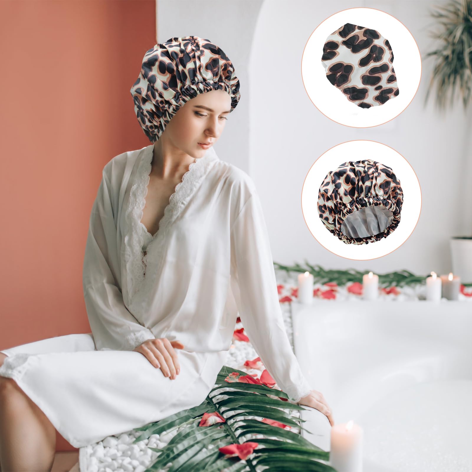 Reusable Shower Cap For Women, Large Waterproof Shower Bonnet Washable Elastic Band Bath Hair Hat For Long Hair, Braids(Leopard)