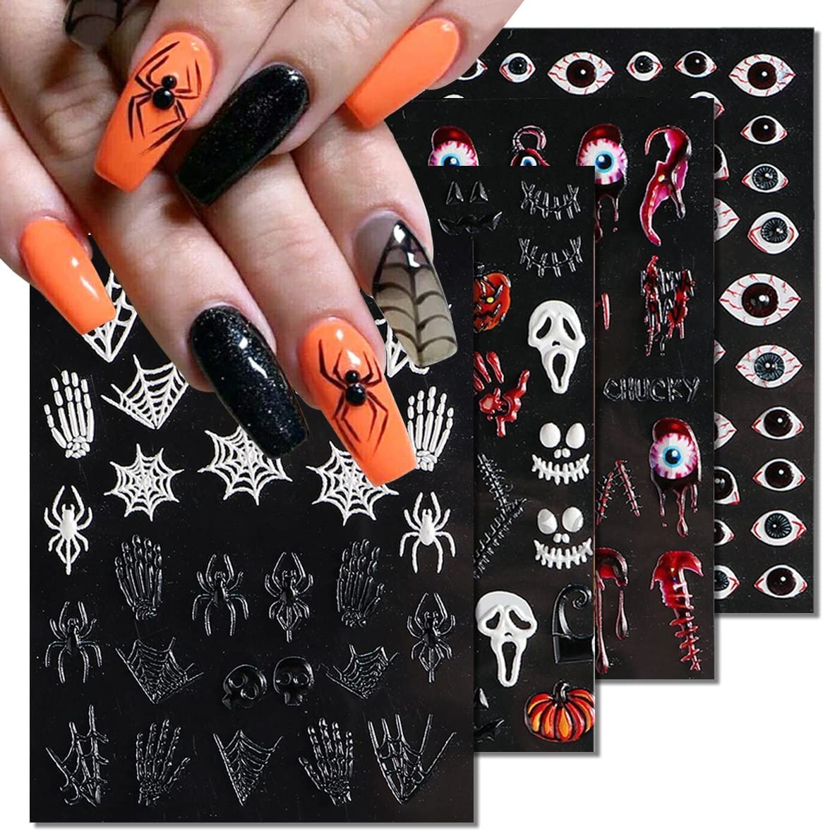 5D Halloween Nail Stickers Acrylic Sticker Realistic Eyes Bone Spider Embossed Halloween Skull Ghost Pumpkin Spider Bat Nail Art