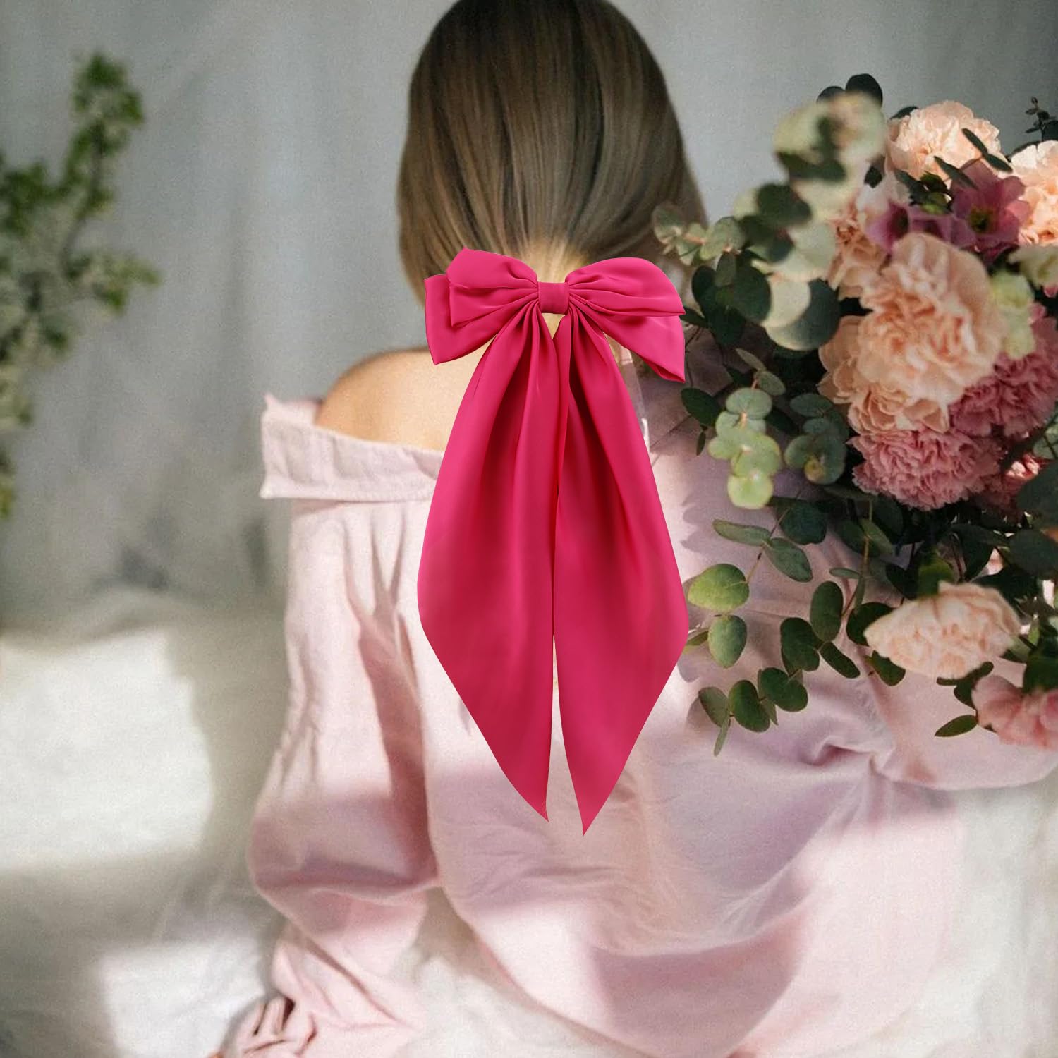 Atoden Silky Satin Hair Bows 2Pcs Beige Hot Pink Big Hair Bows For Women Oversized Long Tail Bow Hair Clips Large Hair Ribbons B