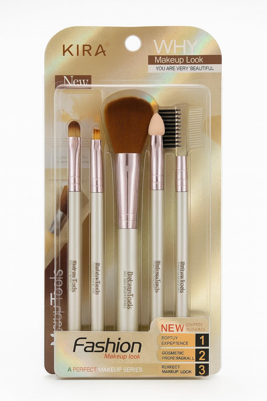 Kira 5Pcs Makeup Brush Set  Cosmetic Brushes For Eyeshadow, Powder & Brows Multicolour Handle
