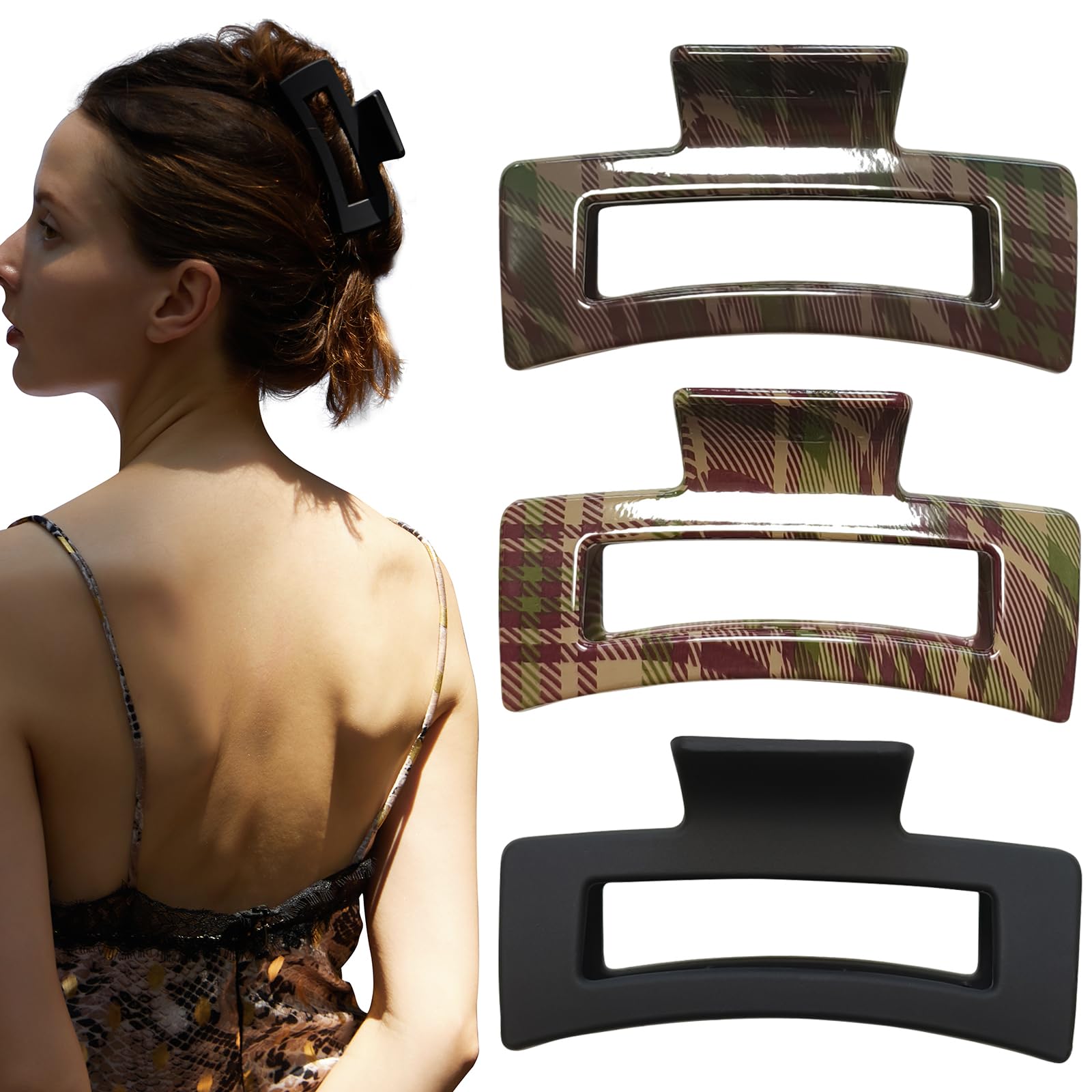 Nalodu 4 Inch Large Hair Claw Clips, No Slip Square Unbreakable Big Hair Clips for Women Thick Long Curly Hair, 3 Pack