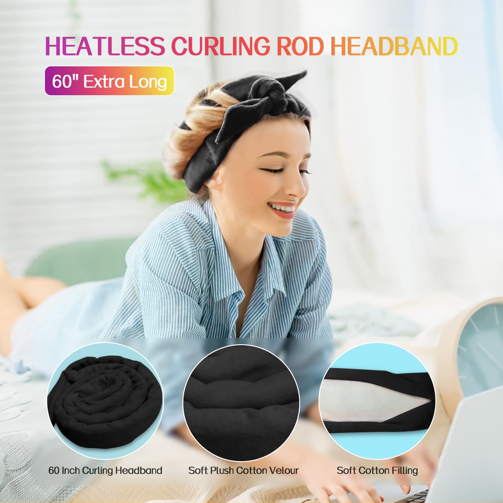 Fitifun Heatless Hair Curler - 61" Extra Long Velour Curling Rod Set, Soft Cotton, Black, 6 Piece for Overnight Curls