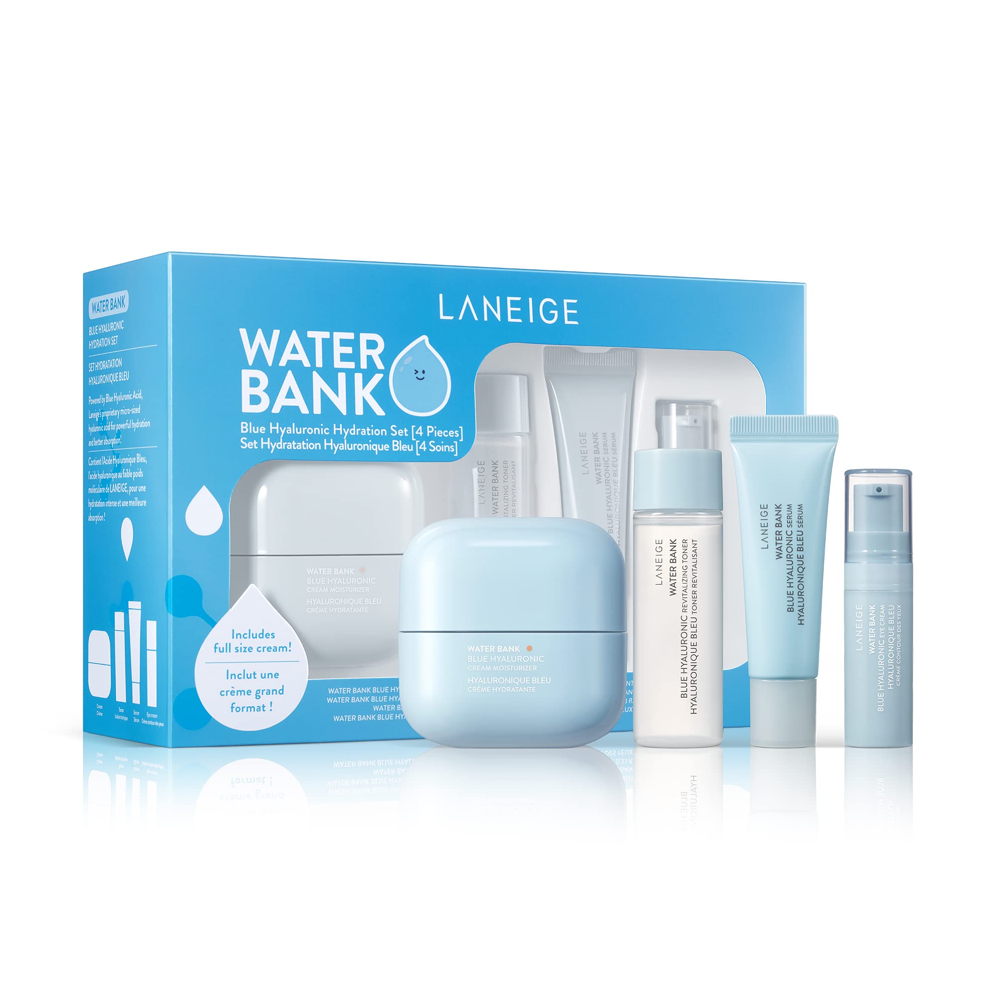Laneige Water Bank Blue Hyaluronic Hydration Set: Hydrate, Nourish, Full Sized Cream Moisturizer, Travel Sized Eye Cream, Toner,