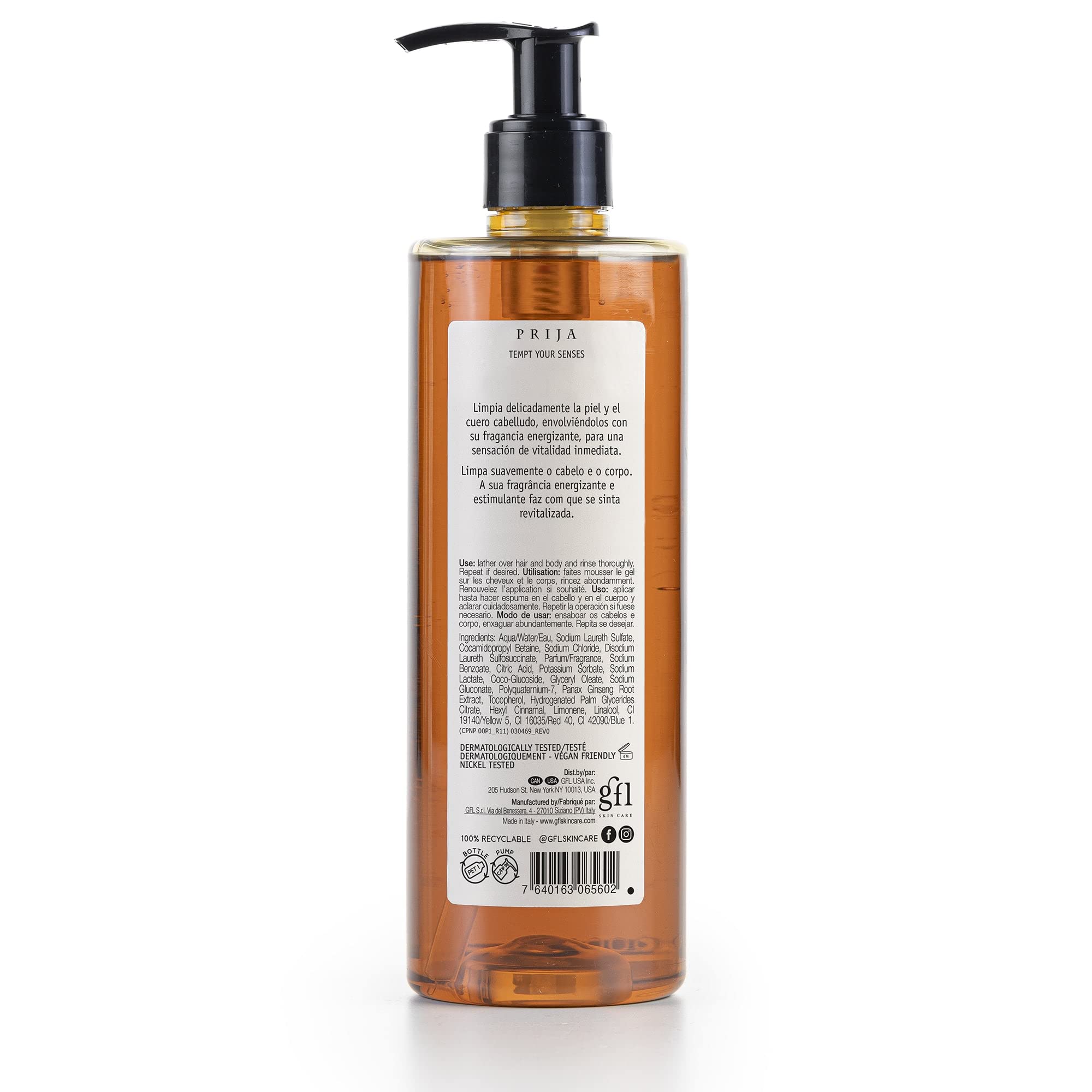 Prija Vitalizing Shower Gel & Shampoo With Ginseng (12.84 Fl Oz) - Toning And Revitalizing - Vegan Friendly - Dermatologically T