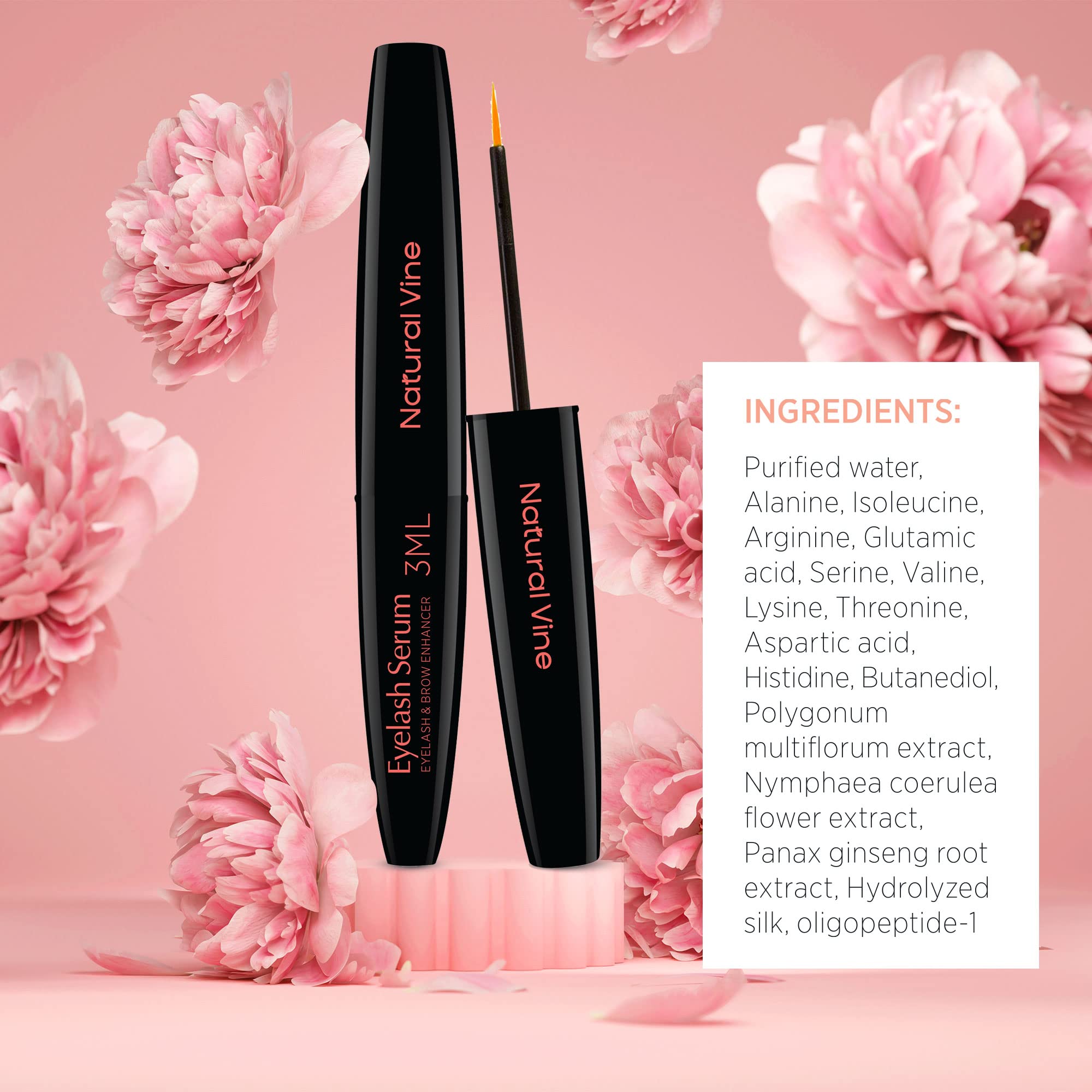 Natural Vine Eyelash and Brow Growth Serum, Irritation Free Formula, Guaranteed Results in 3-4 Weeks for Longer, Thicker, and Fu