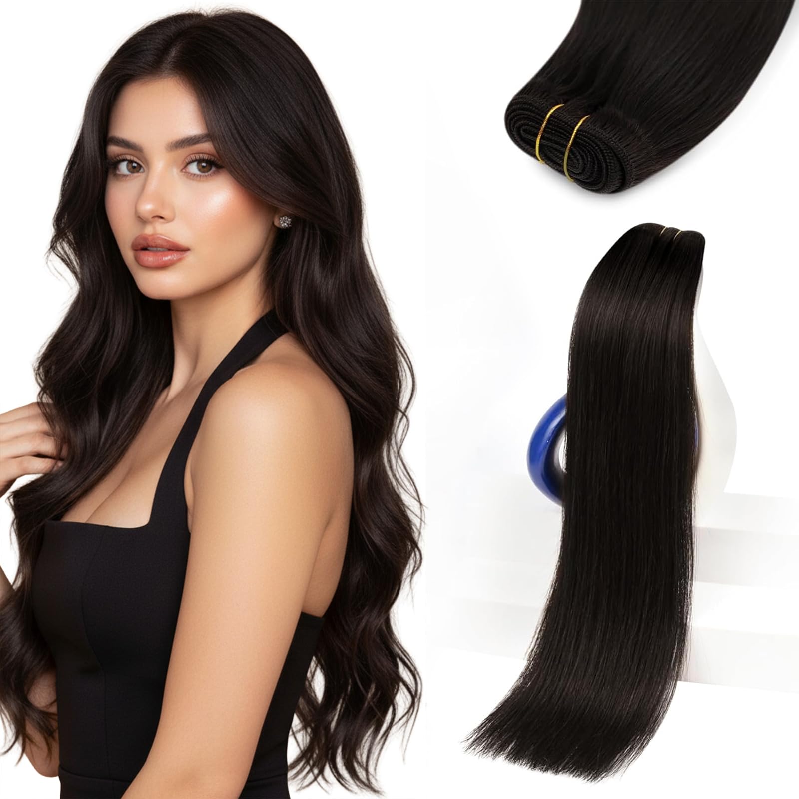 Sunny Hair Weft Hair Extensions Human Hair 24 Inch 135G Sew in Darkest Brown Double-Wefted Bundles Full Head Long Natural Add Vo