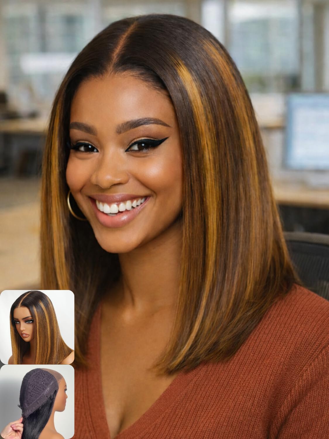 Nadula No Slip Ombre Brown Piano Highlight Bob Straight Drawstring Wig Human Hair With Dark Roots - Glueless Pre Cut 7x5 Bye Bye
