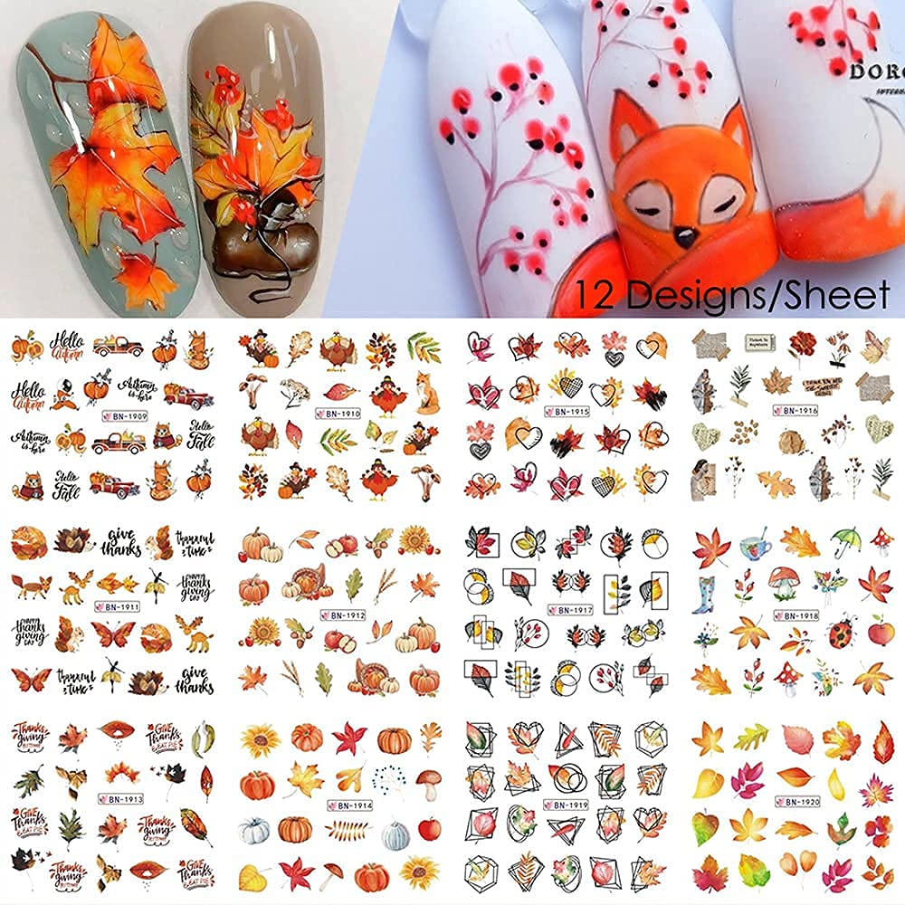 Fall Nail Art Stickers, Autumn Nail Art Water Decals Transfer Nail Supplies Maple Leaves Turkey Pumpkin Design Sticker For Women