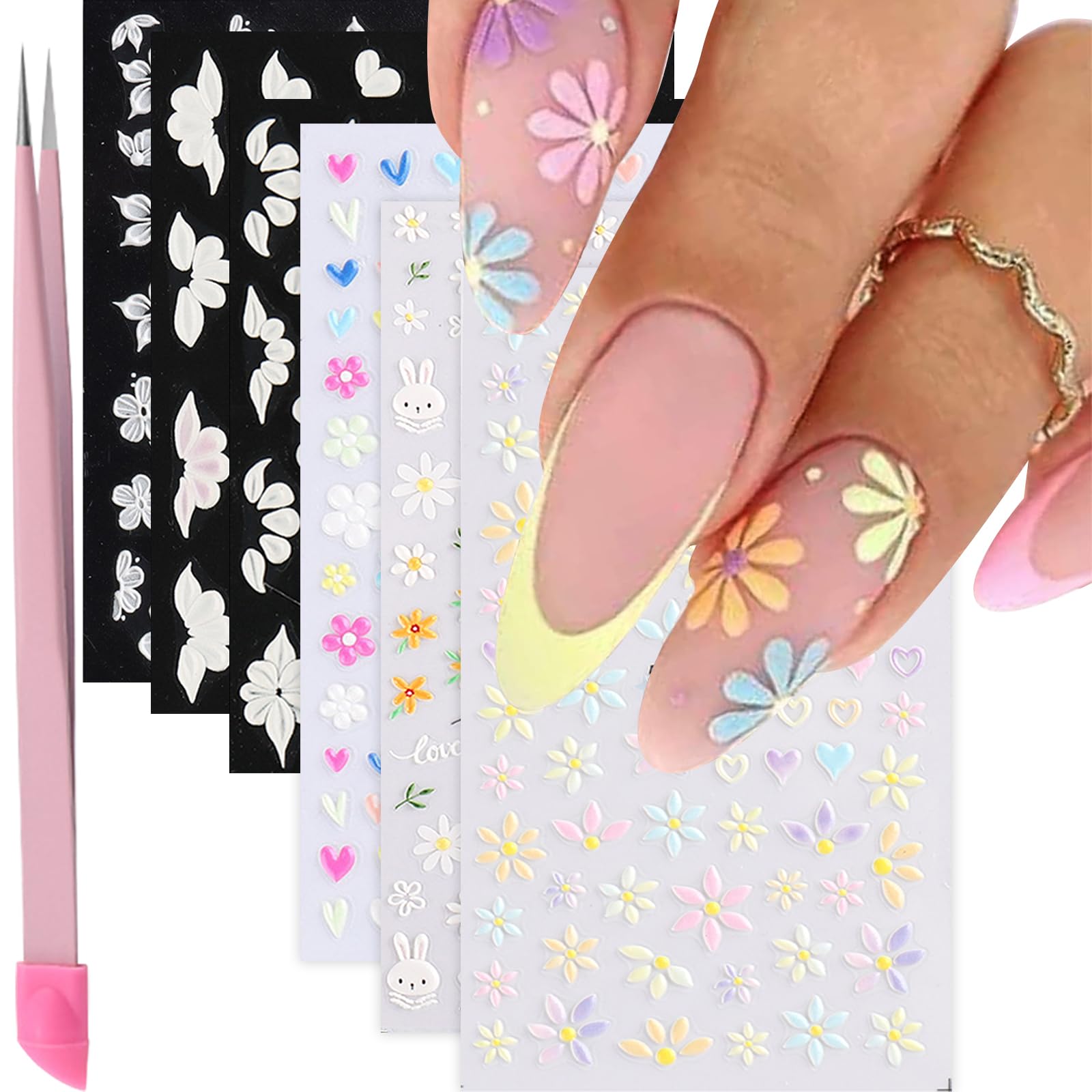 VOTACOS 6 Sheets Flower Nail Art Stickers Decals 5D Embossed Nail Decals Spring Summer Self-Adhesive Nail Supplies Accessories 3