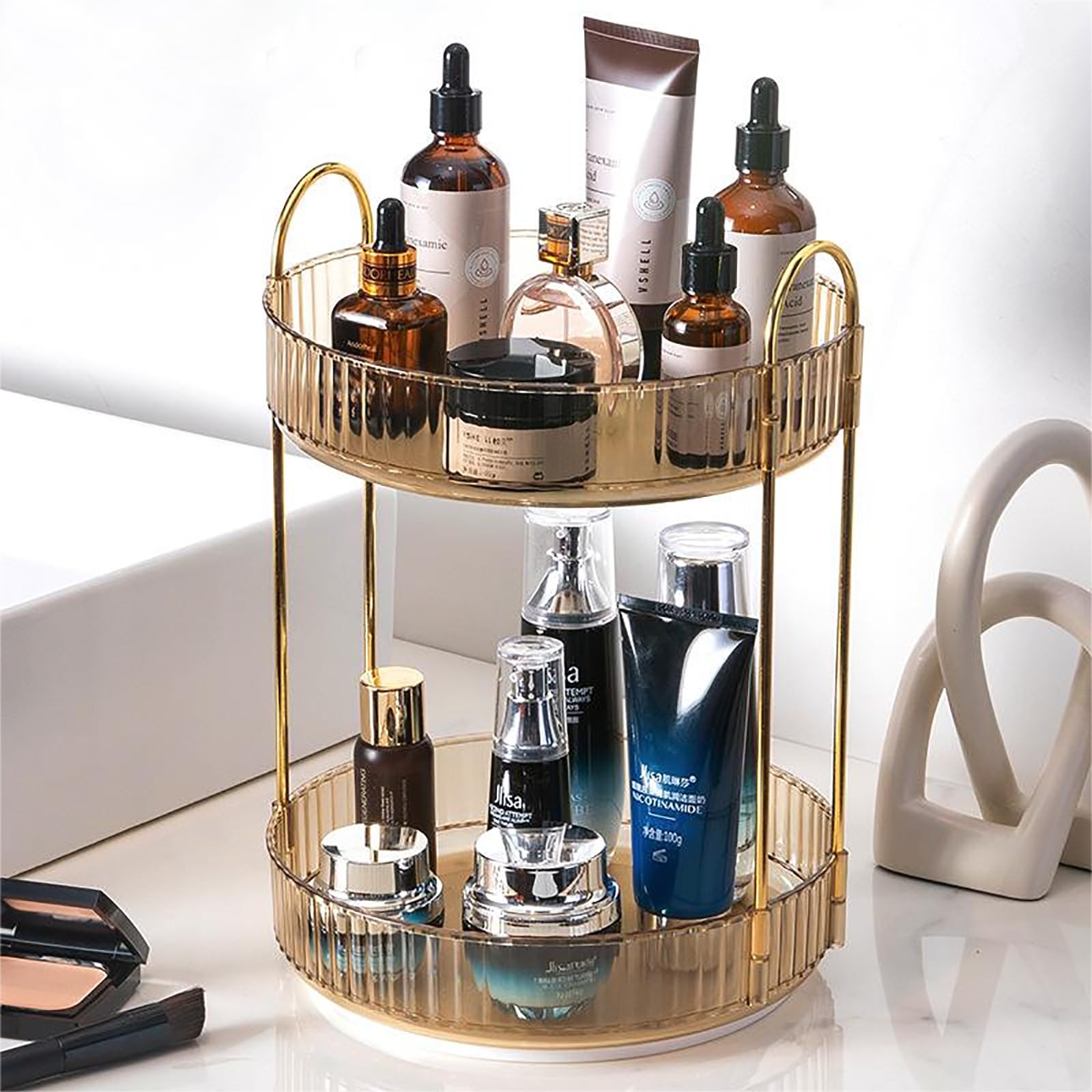 Zufudo Rotating Makeup Organizer 2 Tier Lazy Susan Trays Skincare Perfume Organizer For Bathroom Counter Vanity, Amber Gold