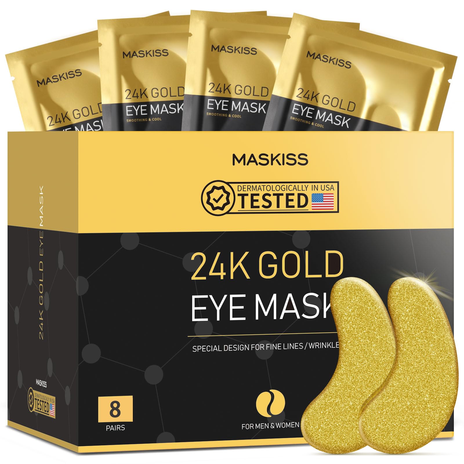 Maskiss 24k Gold Under Eye Patches (8 Pairs), eye mask, Collagen Skin Care Products, Eye Patches for Puffy Eyes, eye masks for d