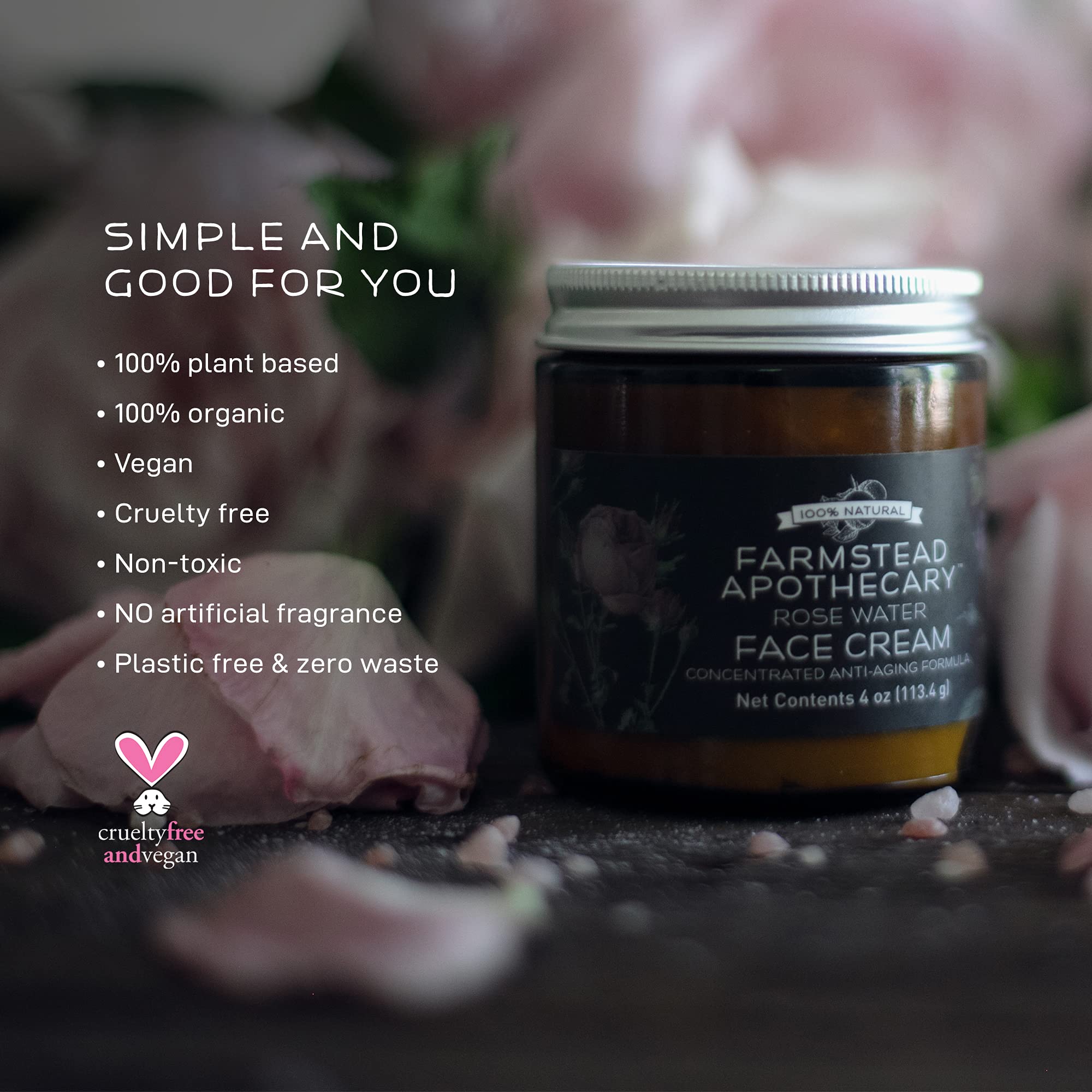 Farmstead Apothecary 100% Natural Anti-Aging Rose Water Face Cream 4 Oz