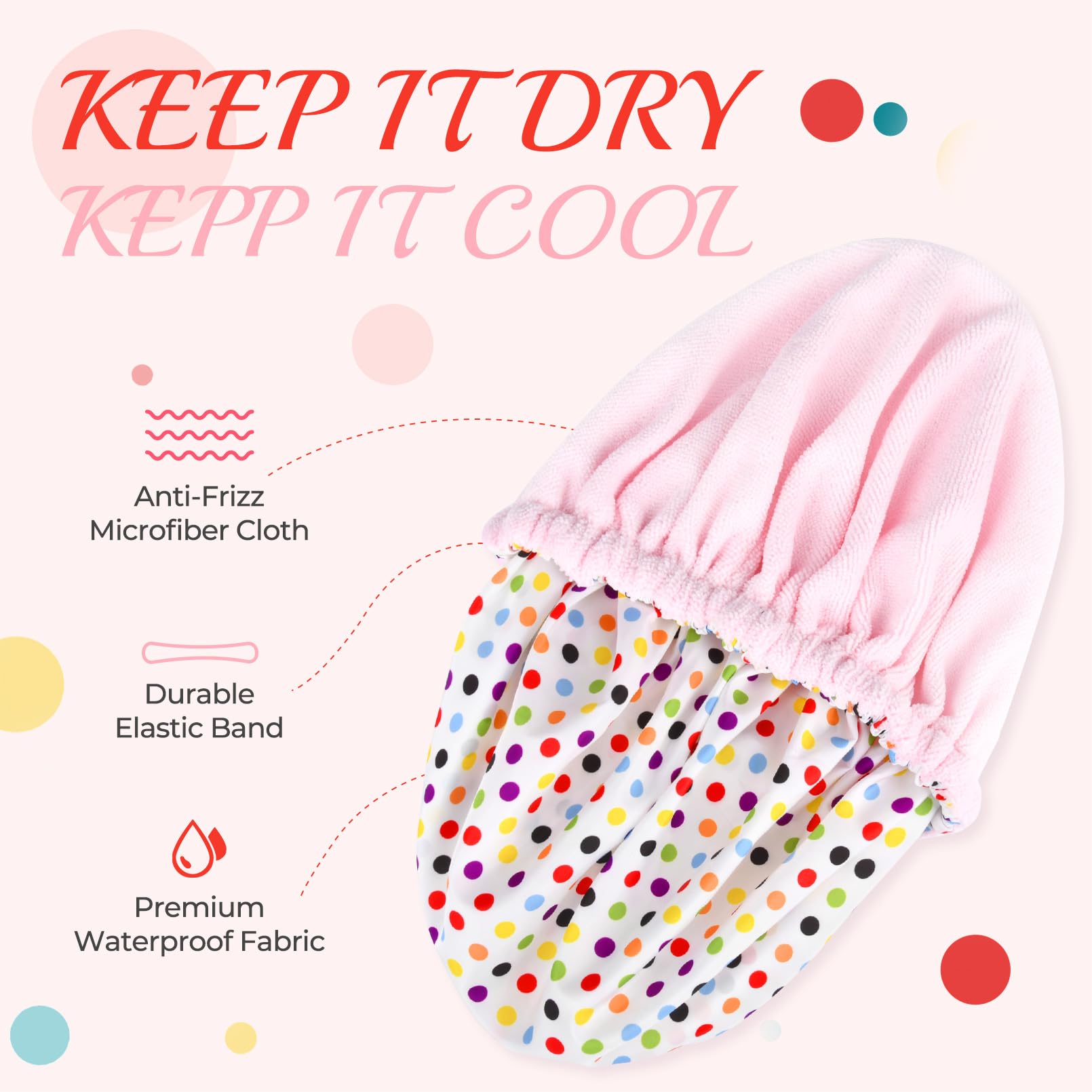Shower Cap For Women Terry Lined Bath Cap Large Reusable Waterproof Elastic Band Pink Point Shower Caps For Long Thick Hair Soft
