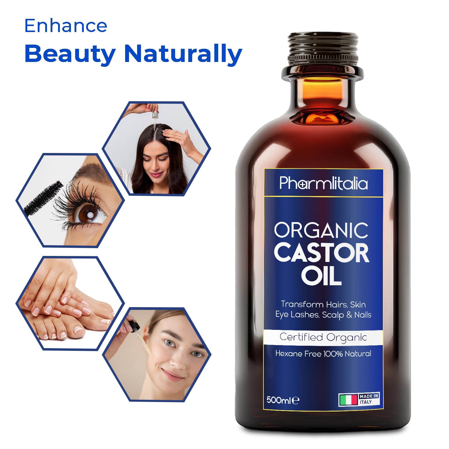 Pharmlitalia Pure Castor Oil Organic Cold Pressed Unrefined Glass Bottle - Hexane Free Golden Castor Oil For Face, Hairs, Eyelas