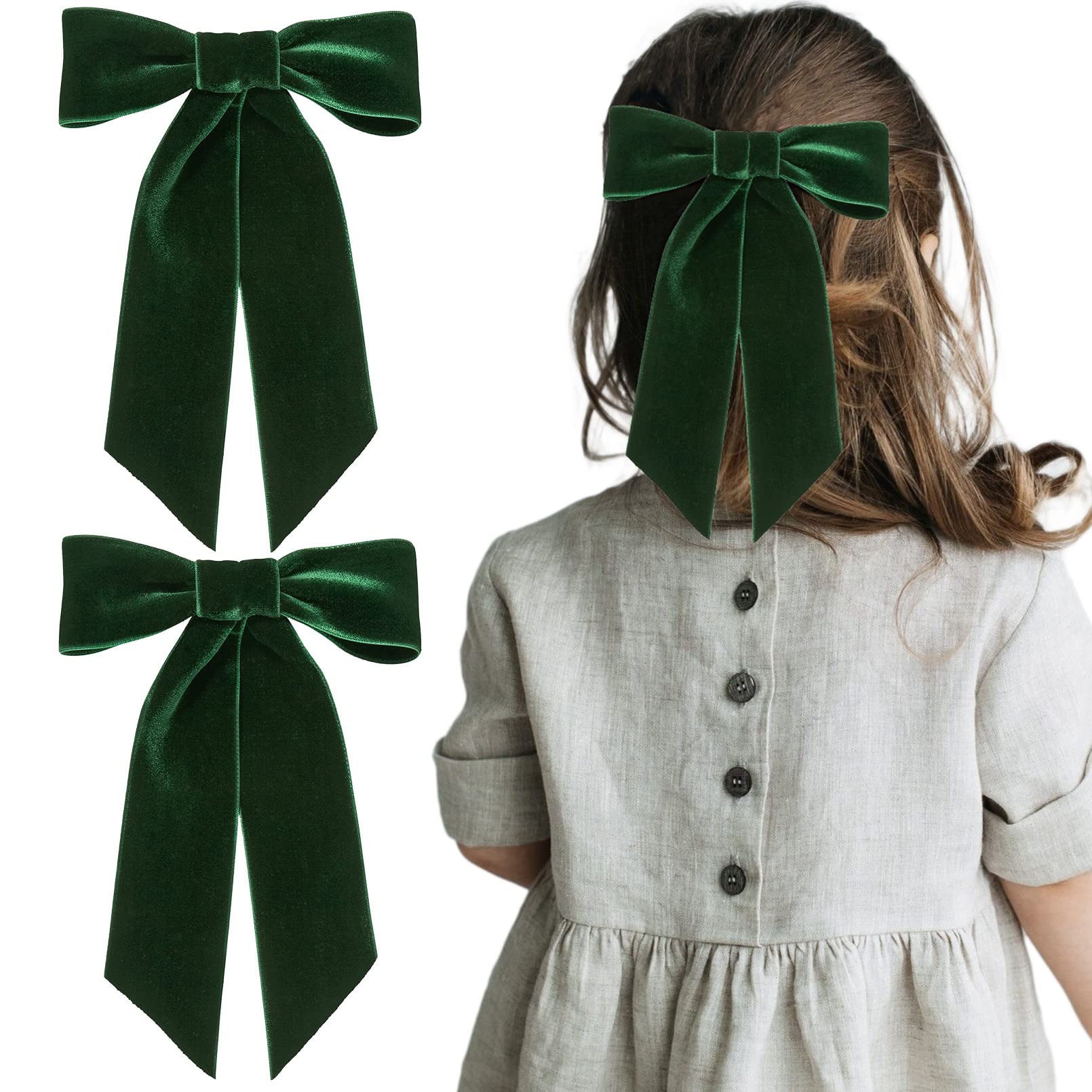 2PCS Green Velvet Hair Bows Hair Clips 5'' Big Fall Alligator Clips Hair Accessories for Women Girls Toddlers Kids