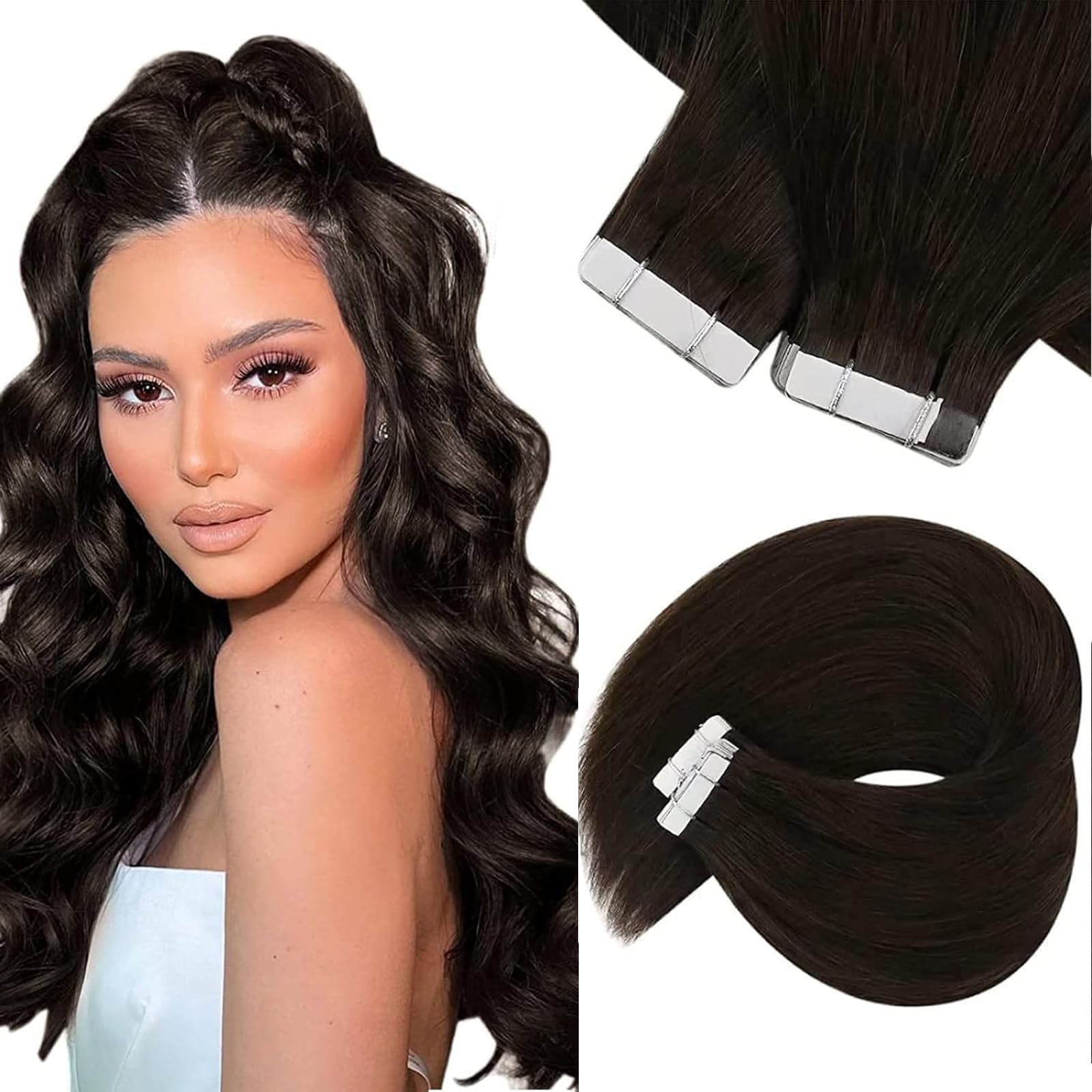 Sunny Hair Tape in Hair Extensions Real Human Hair Invisible Remy Hair Extensions Tape ins for Women Darker Brown 18 inch 20Pcs 