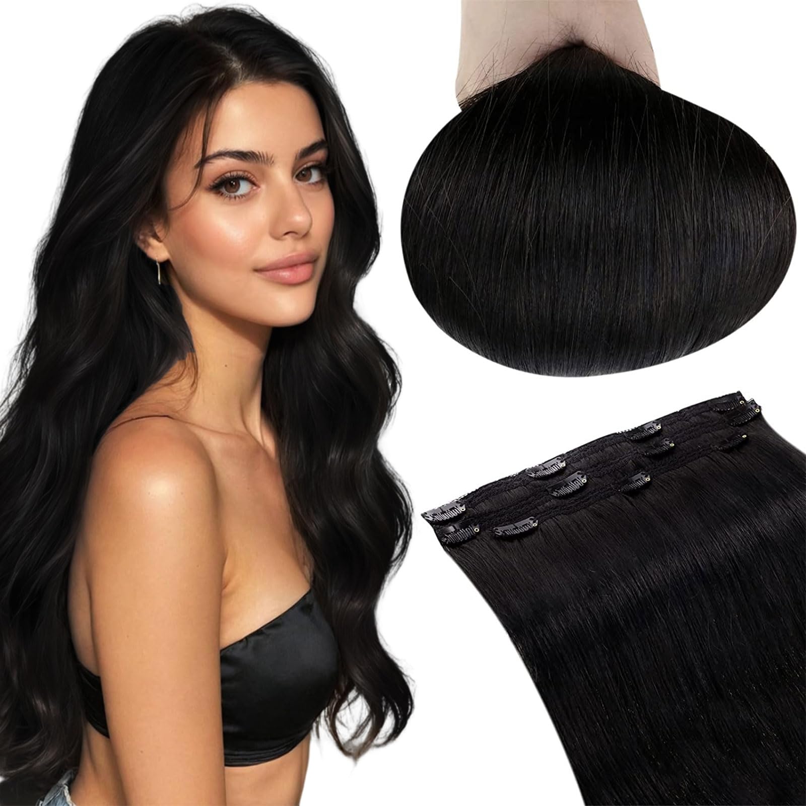 RUANTURE Black Hair Extensions Clip in Real Hair 12 Inch Off Black Clip ins Real Human Hair Black Women Silky Straight Clip in H