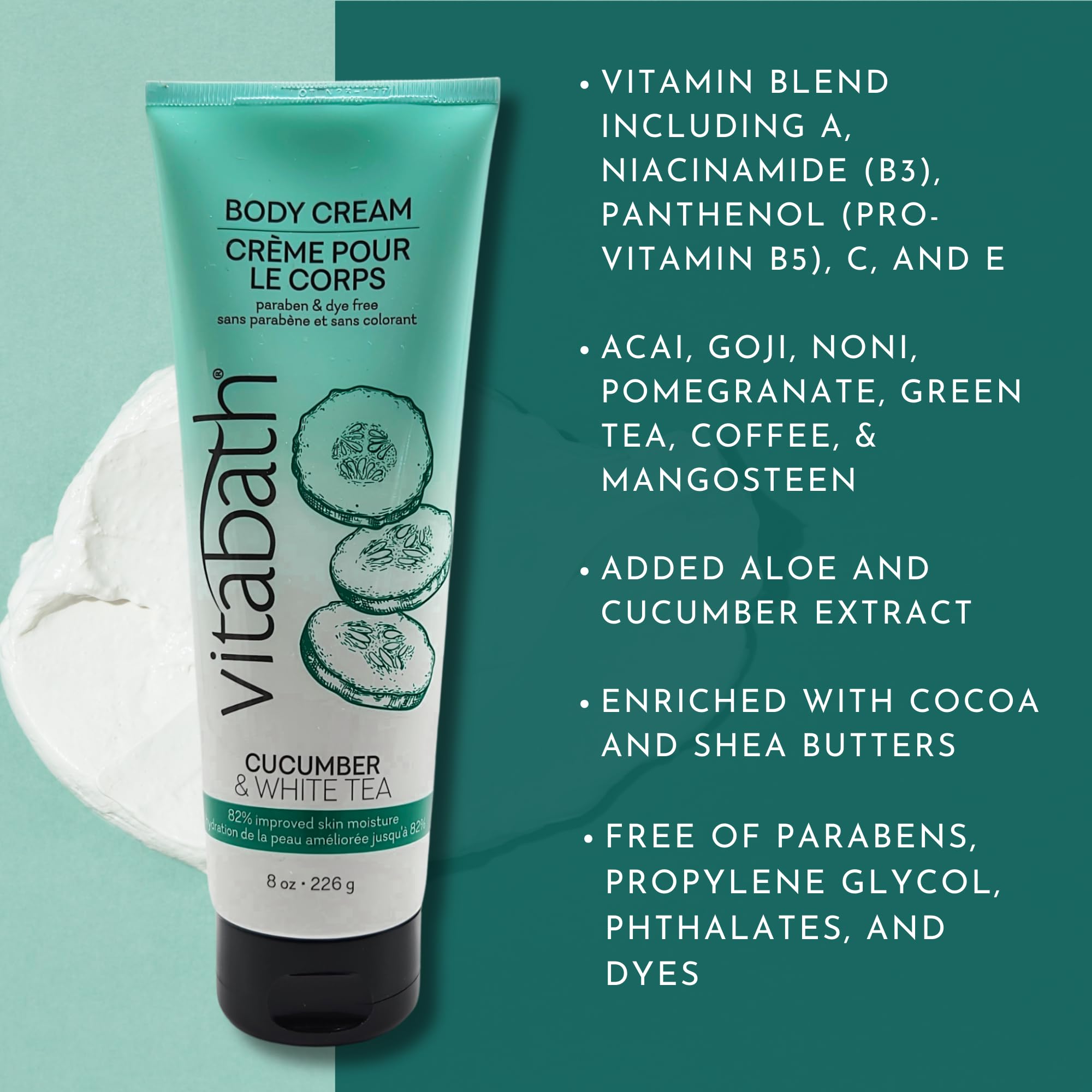 Vitabath Cucumber & White Tea Moisturizing Body Cream - Soothing Hydration Vitamin & Nutrient Skin Care - Replenishing All Over