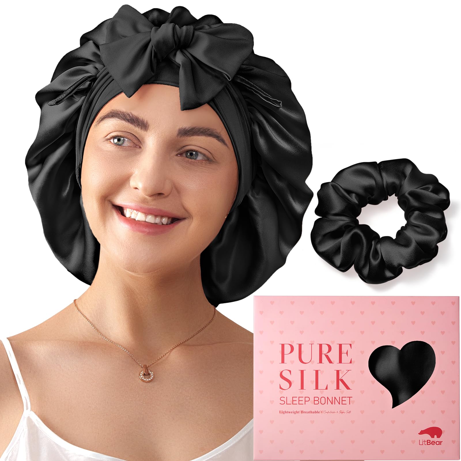 LitBear 100% Mulberry Silk Bonnet for Sleeping Women, 6A 22 Momme, Large Double-Layer Silk Hair Wrap with Tie Band, Non-Slip Sil