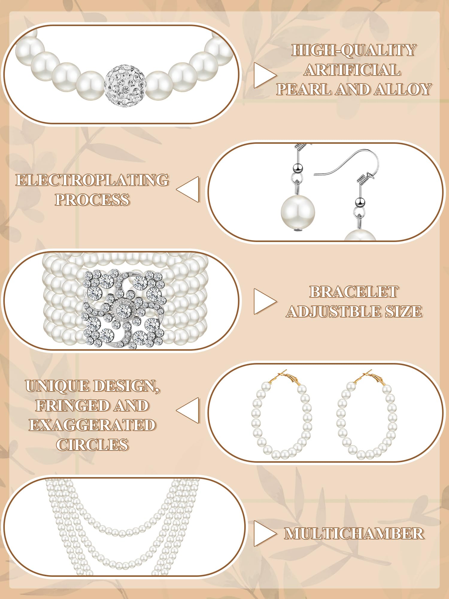 BBTO 8 Pcs Pearl Necklace and Earrings Set for Women Faux Pearl Bracelets Costume Jewelry Set for Wedding Gift Birthday Party (C